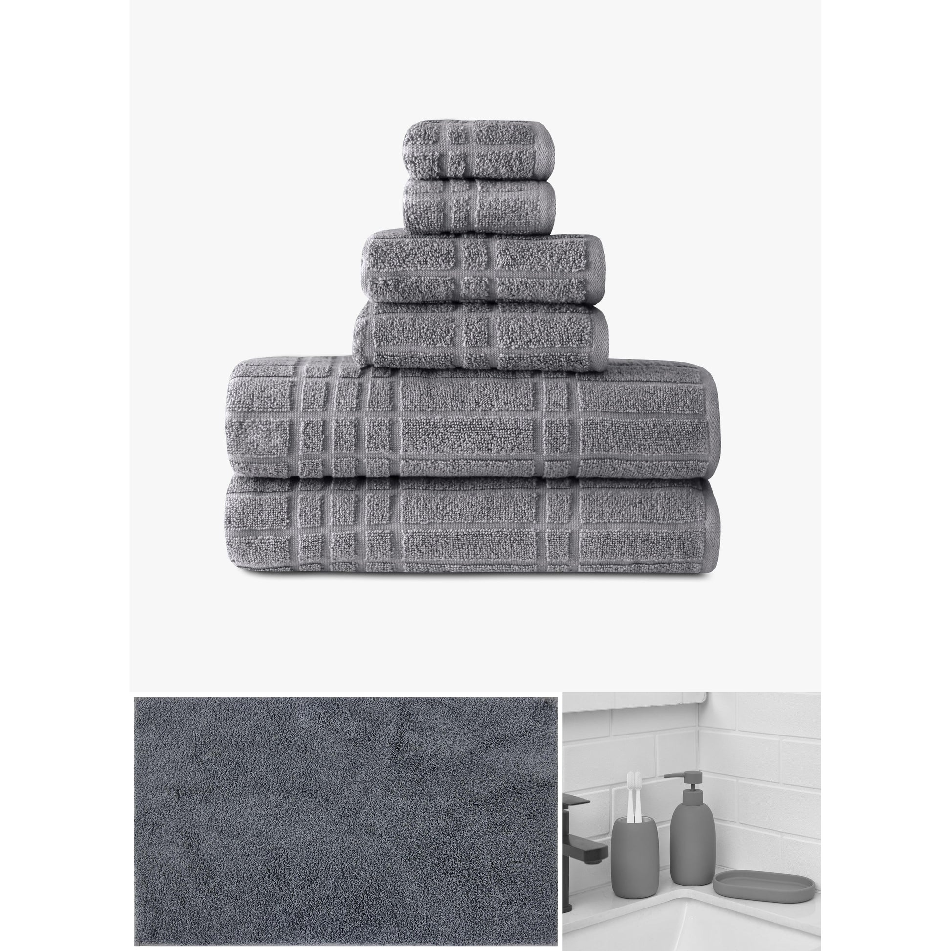 Mainstays Complete Bathroom Essentials Set â€“ Cotton Towels, Bath Rug & 3-Piece Bath Accessories, Grey