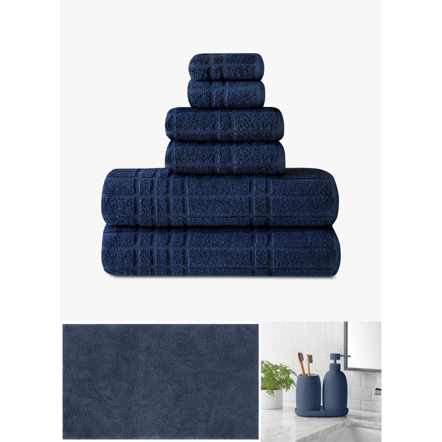 Mainstays Complete Bathroom Essentials Set â€“ Cotton Towels, Bath Rug & 3-Piece Bath Accessories, Navy
