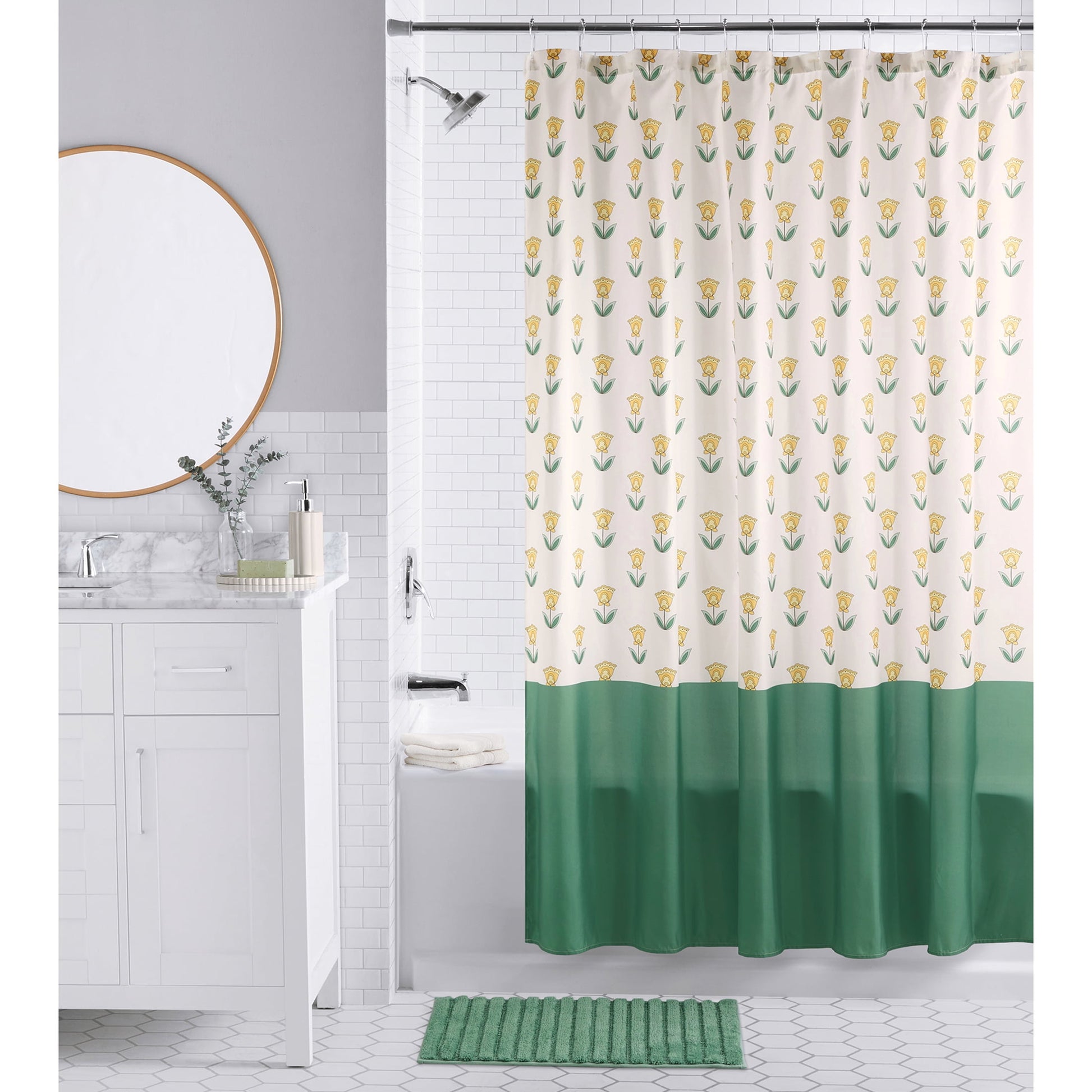 Mainstays 16-Piece Deco Green Floral Shower Curtain Bathroom Set â€“ Green Fabric Curtain with Rug, Hooks, Soap Pump & Tray