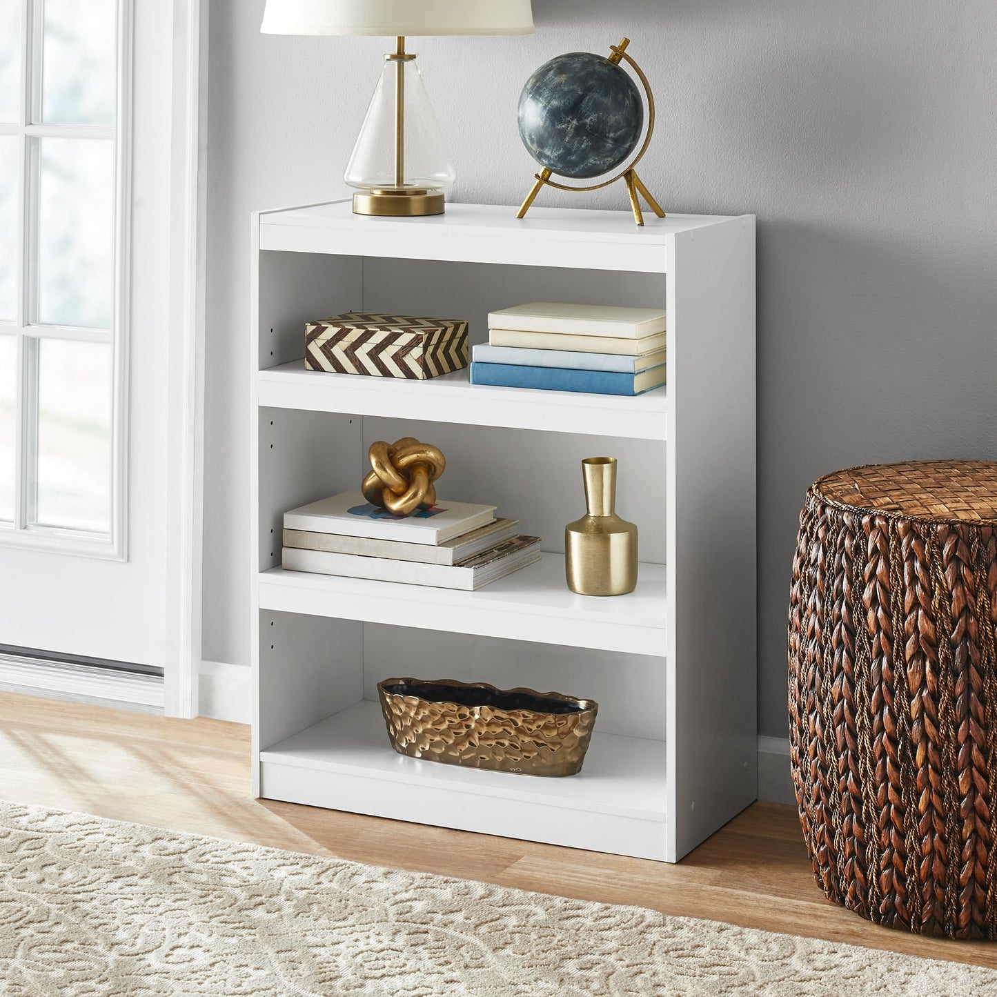 Mainstays Framed Librero de 3 Estantes con Repisas Ajustables, Blanco