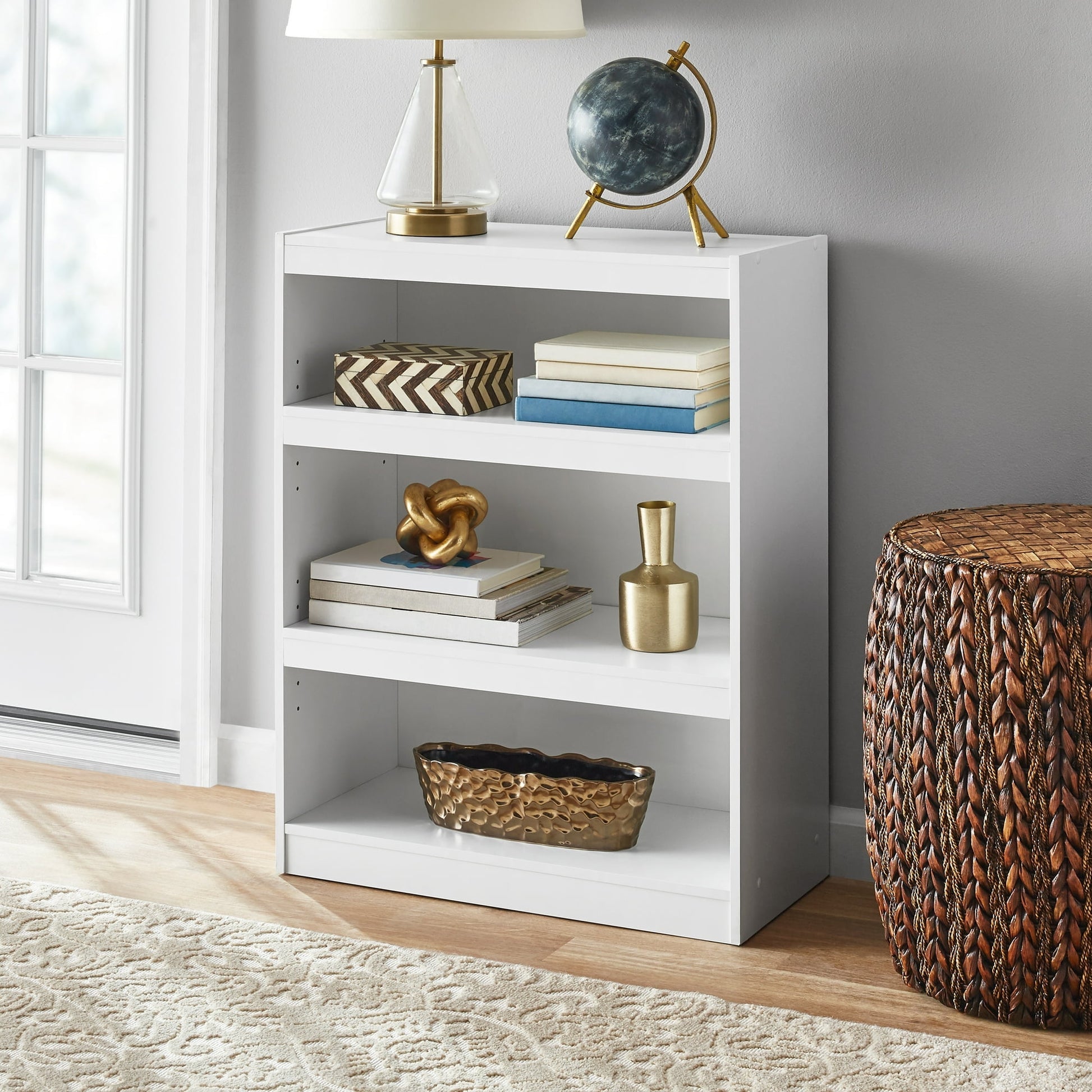 Mainstays Framed Librero de 3 Estantes con Repisas Ajustables, Blanco
