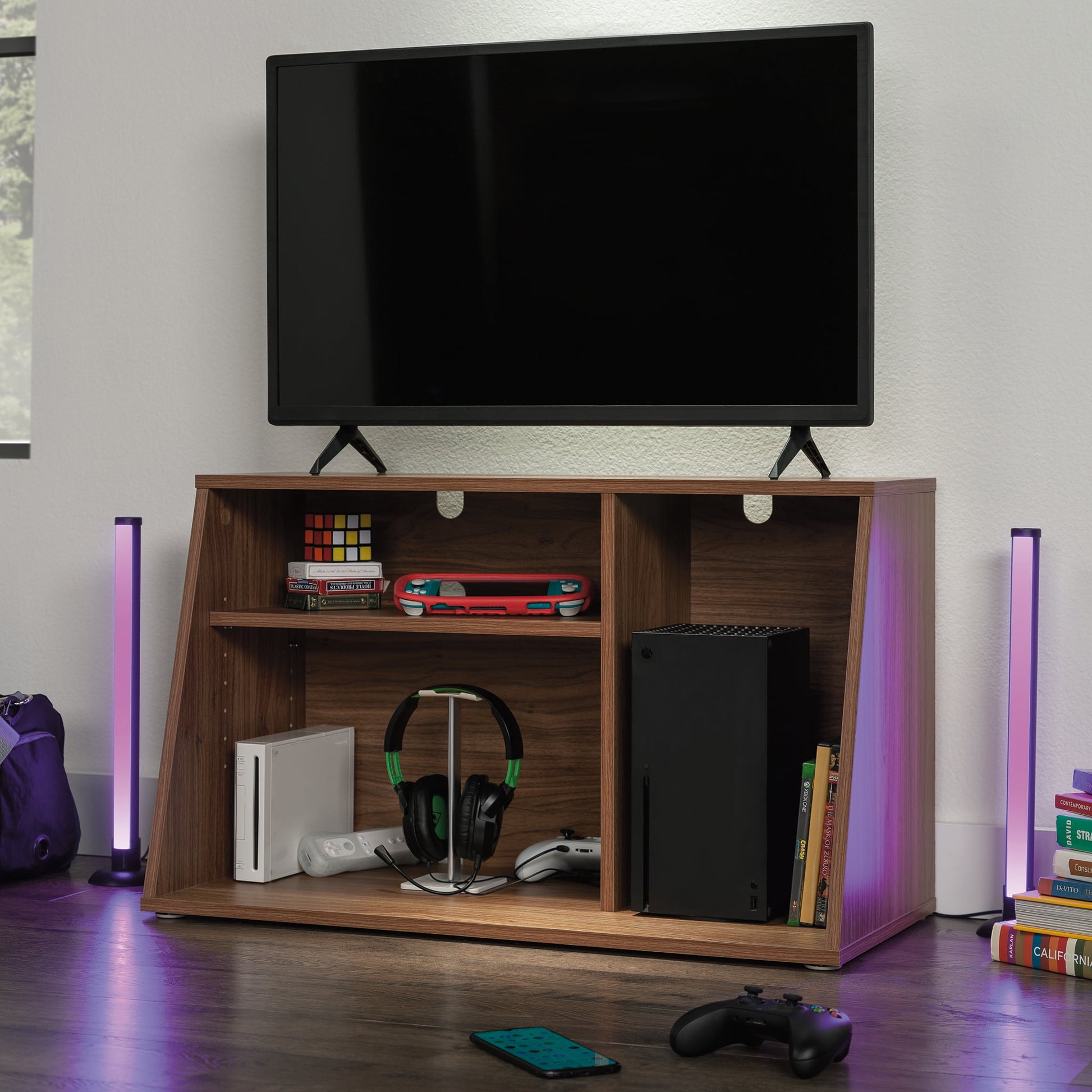 Mainstays Gamer TV Stand Console for TV's up to 32", Warm Walnut Finish