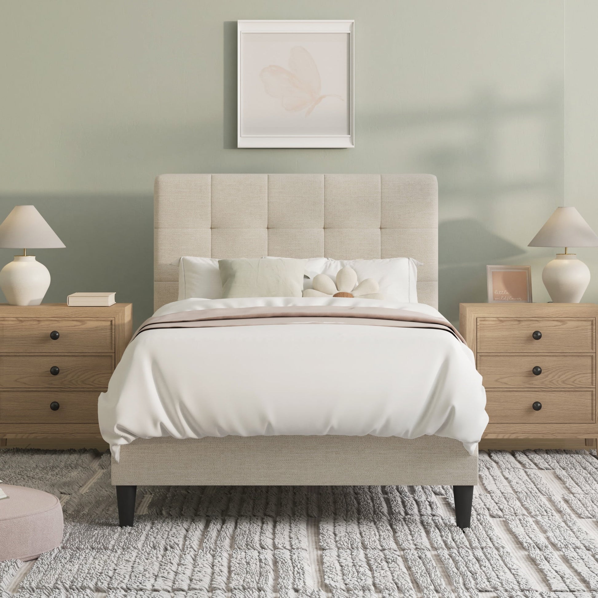 Mainstays Hillside Square Tufted Upholstered Twin Platform Bed, Ivory Fabric