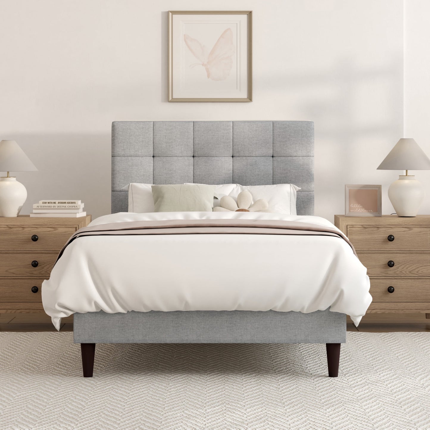 Mainstays Hillside Square Tufted Upholstered Twin Platform Bed, Light Gray Fabric