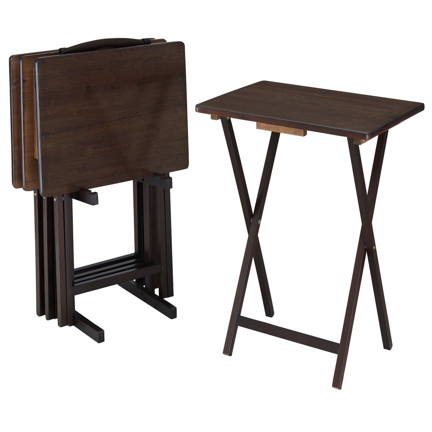 Mainstays 5-Piece Rubberwood Folding TV Tray Table Set of 4 with Storage Rack, Walnut