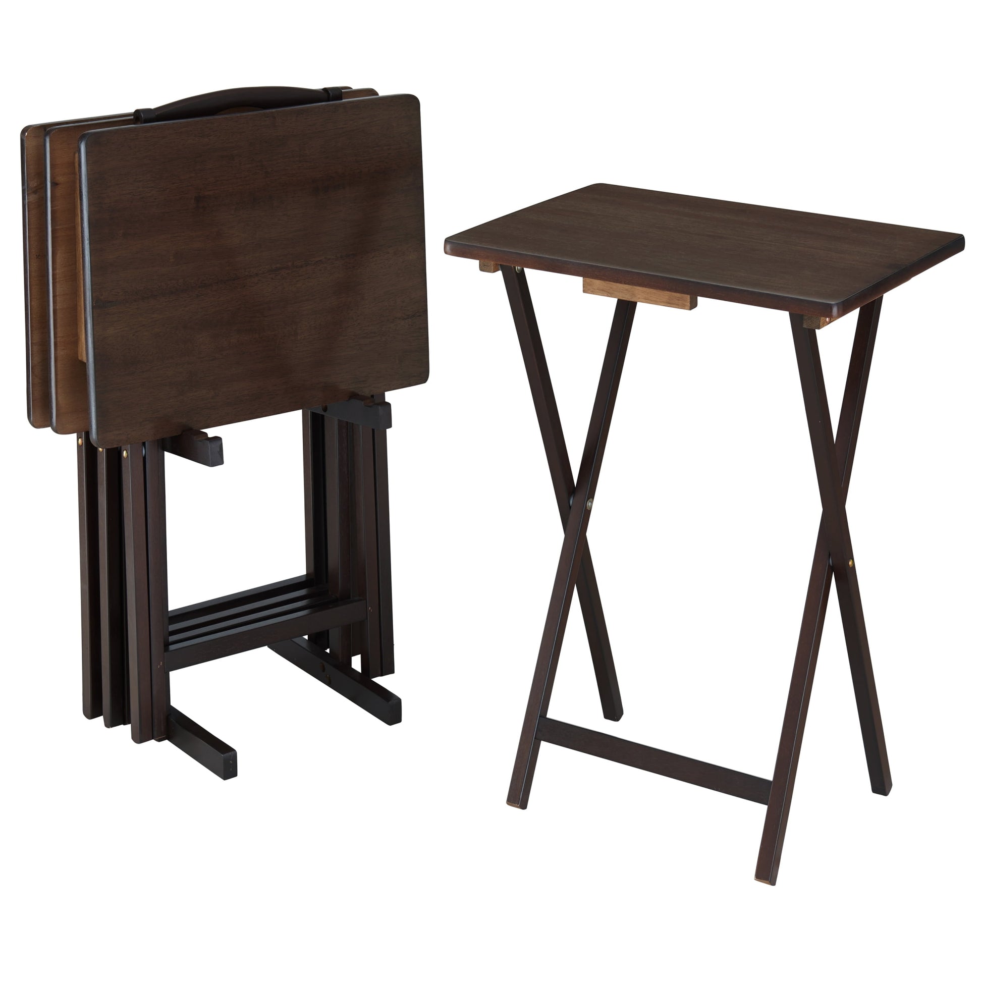 Mainstays 5-Piece Rubberwood Folding TV Tray Table Set of 4 with Storage Rack, Walnut