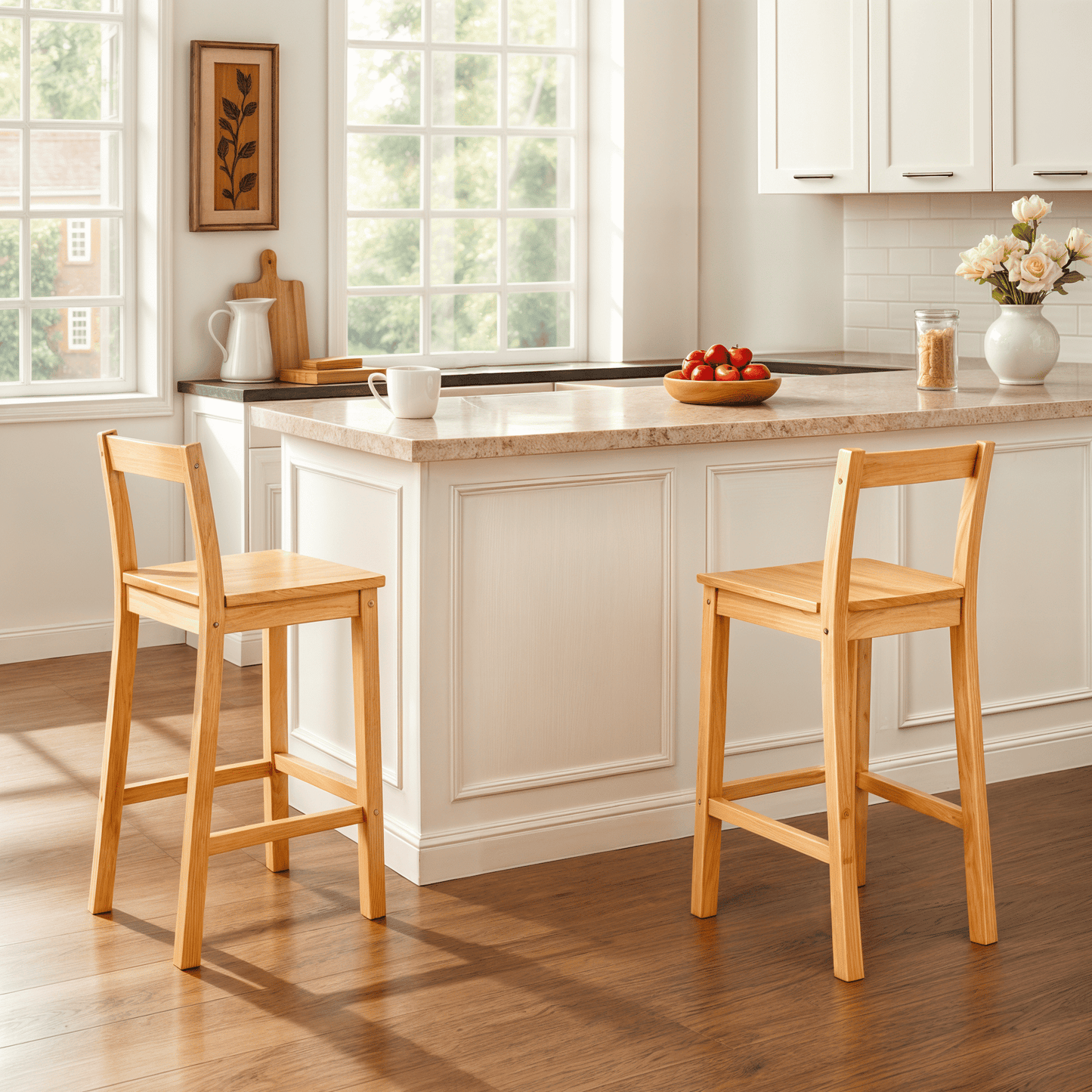 Mainstays Counter Height Wood Bar Stools with Back, Set of 2, Pine