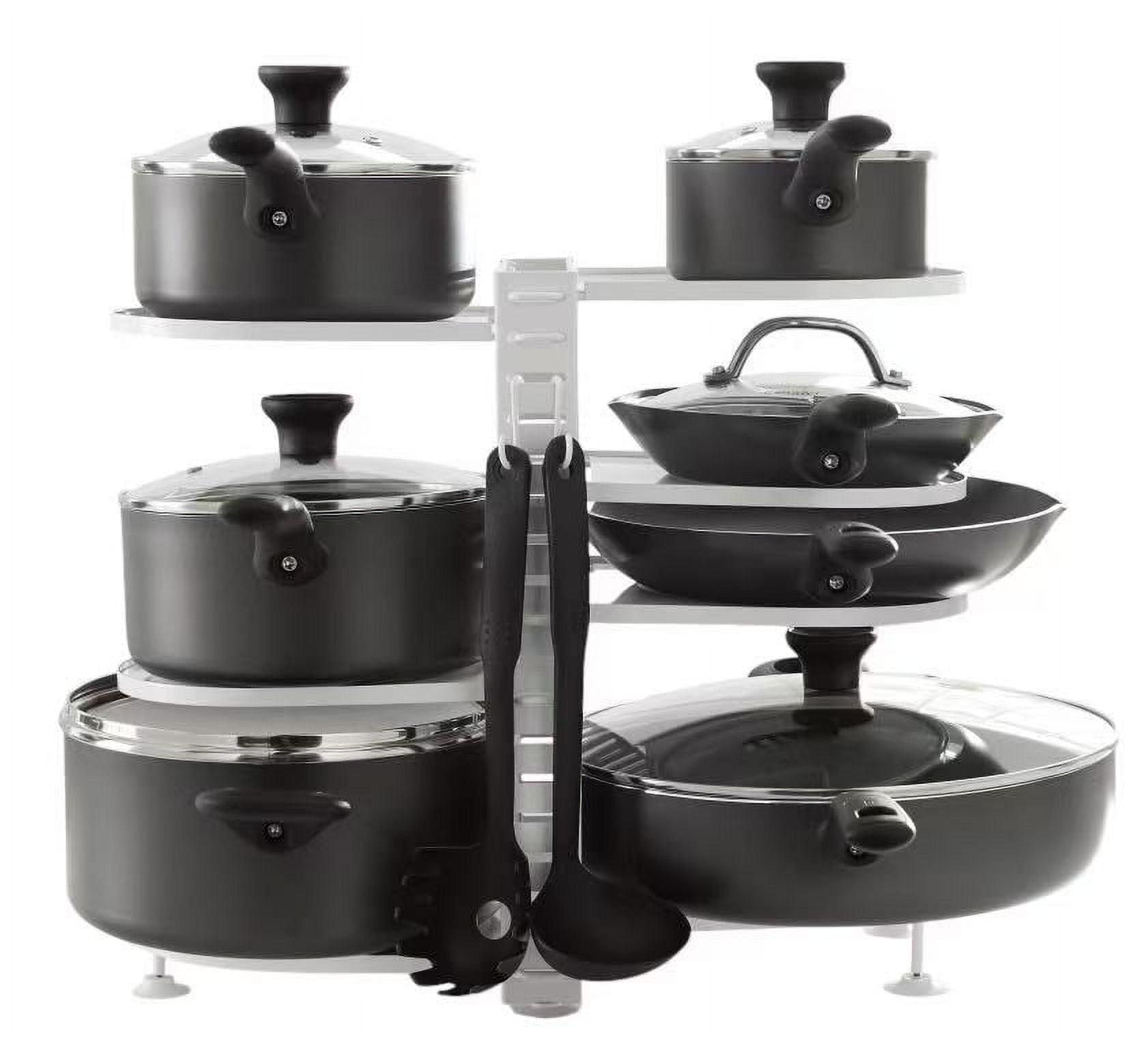 Mainstays Stainless Steel Pots and Pans Organizer, 8 Adjustable Shelves, Steel, White, Designed to Help with Countertop or Cabinate Lid Organization