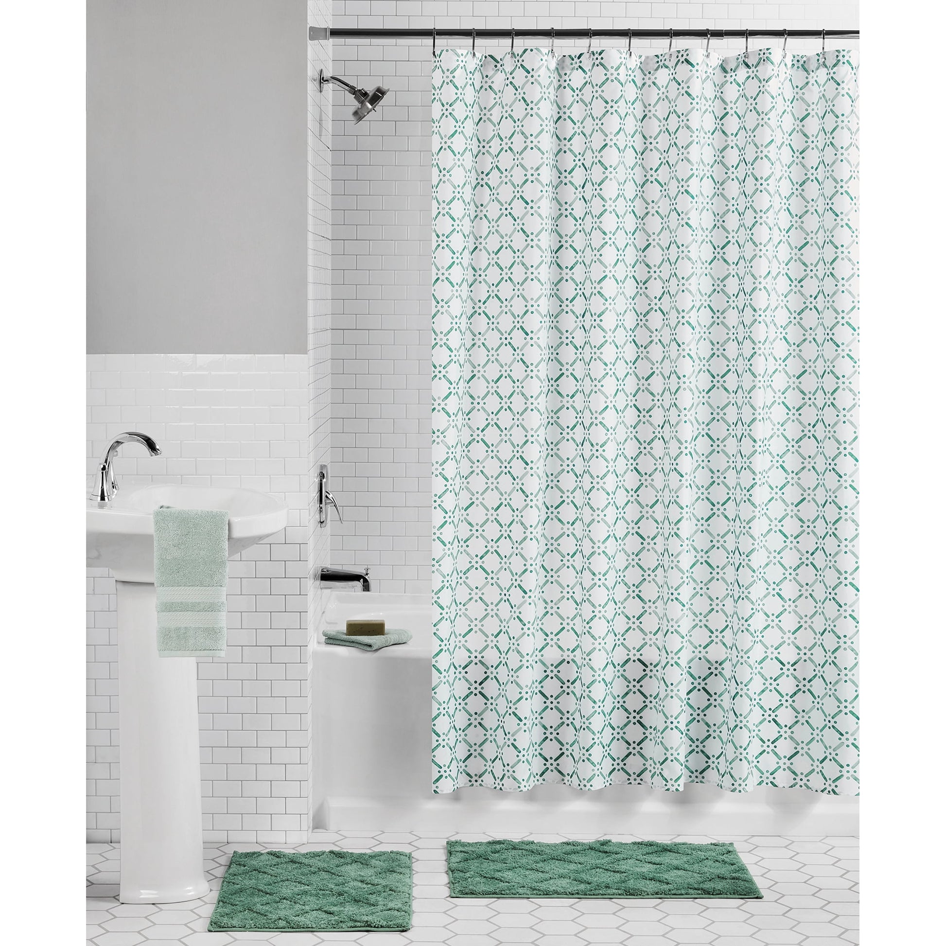 Mainstays 15-Piece Blue & White Diamond Bathroom Set â€“ Shower Curtain, Bath Rugs & Hooks, Stylish Polyester Decor