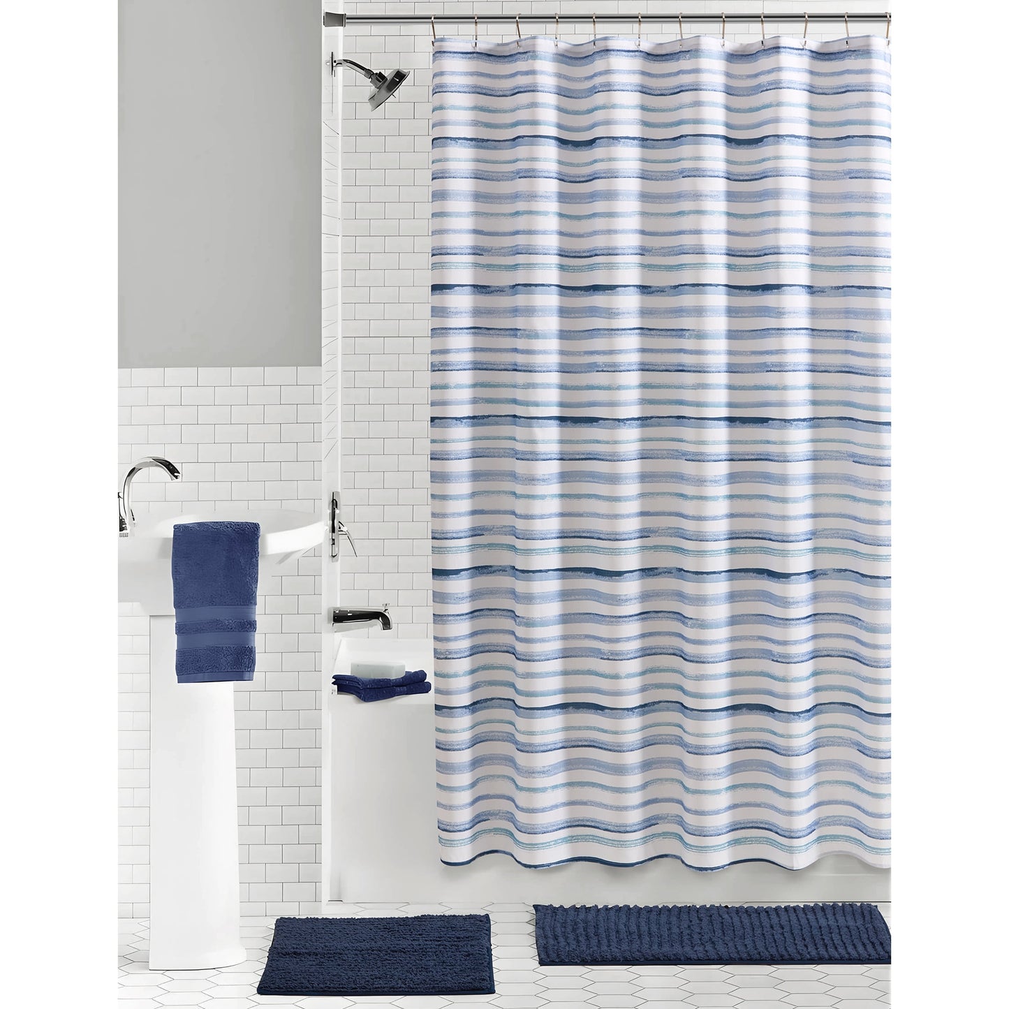 Mainstays Sketch Stripe 15 Piece Shower Curtain Bath Set, 70 x 72, Blue Placid