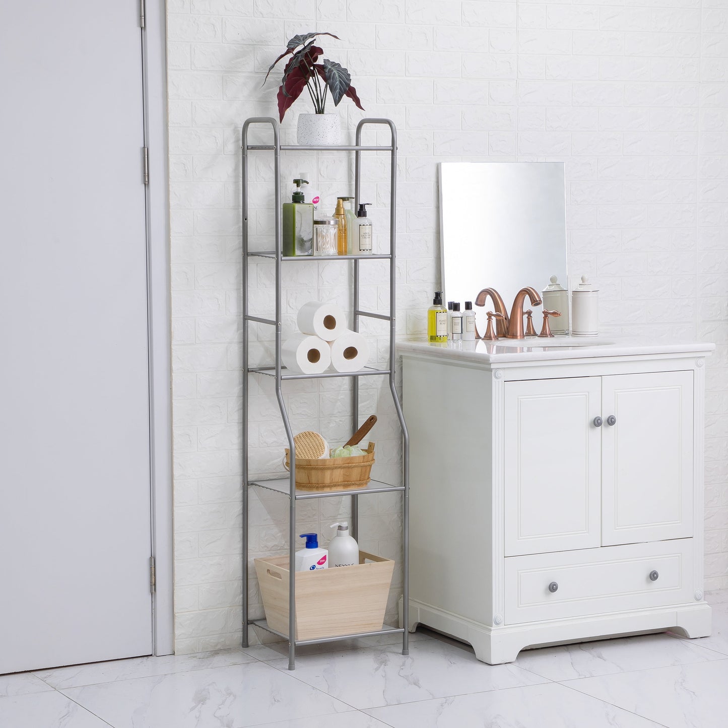 Mainstays Steel 5-Shelf Bathroom Storage Tower with Satin Nickel Finish