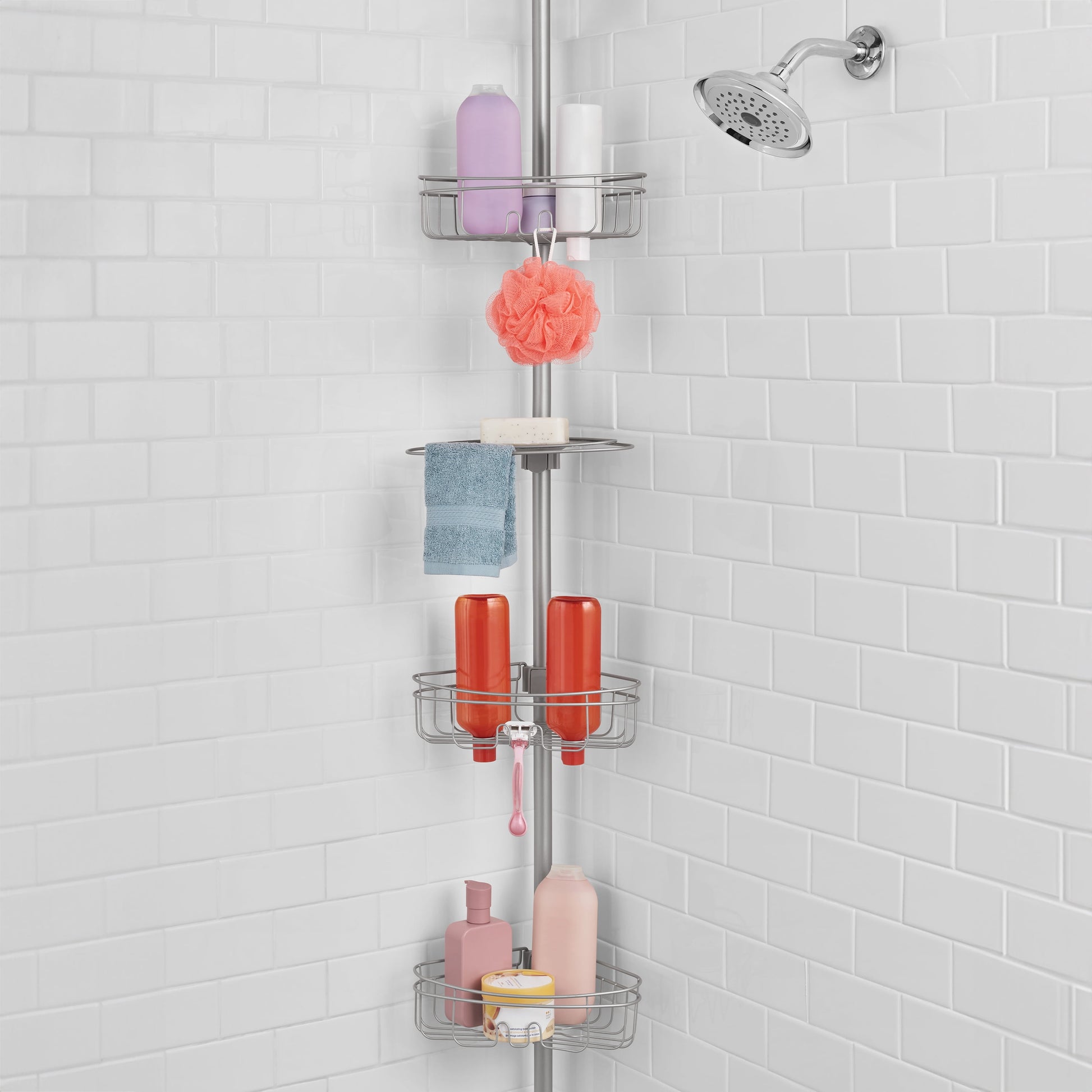 Mainstays Tension Rod Shower Caddy, Rust-Resistant 3 Tier Corner Pole Caddy, 5 - 8 ft, Satin Nickel