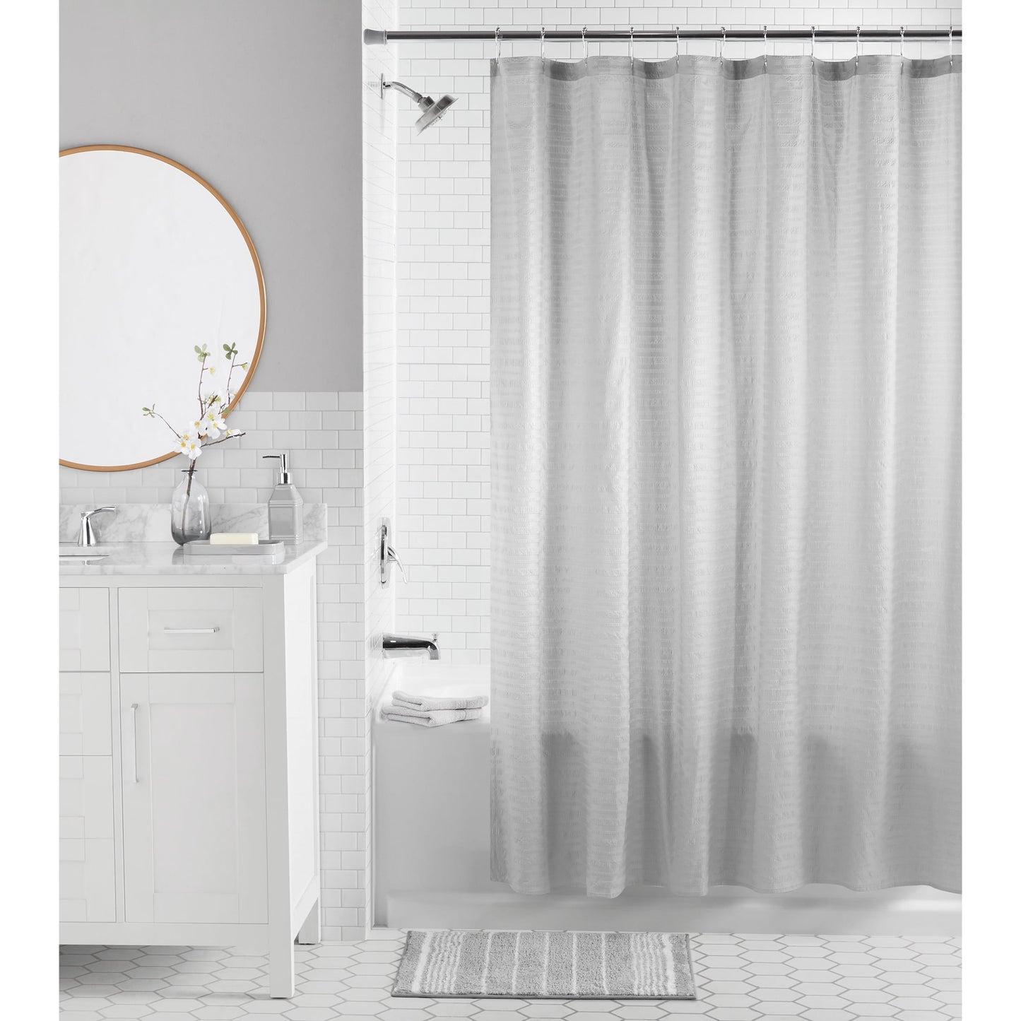 Mainstays 16-Piece Bathroom Shower Curtain Set â€“ Soft Silver Fabric Curtain with Coordinated Bath Rug, Soap Pump & Tray