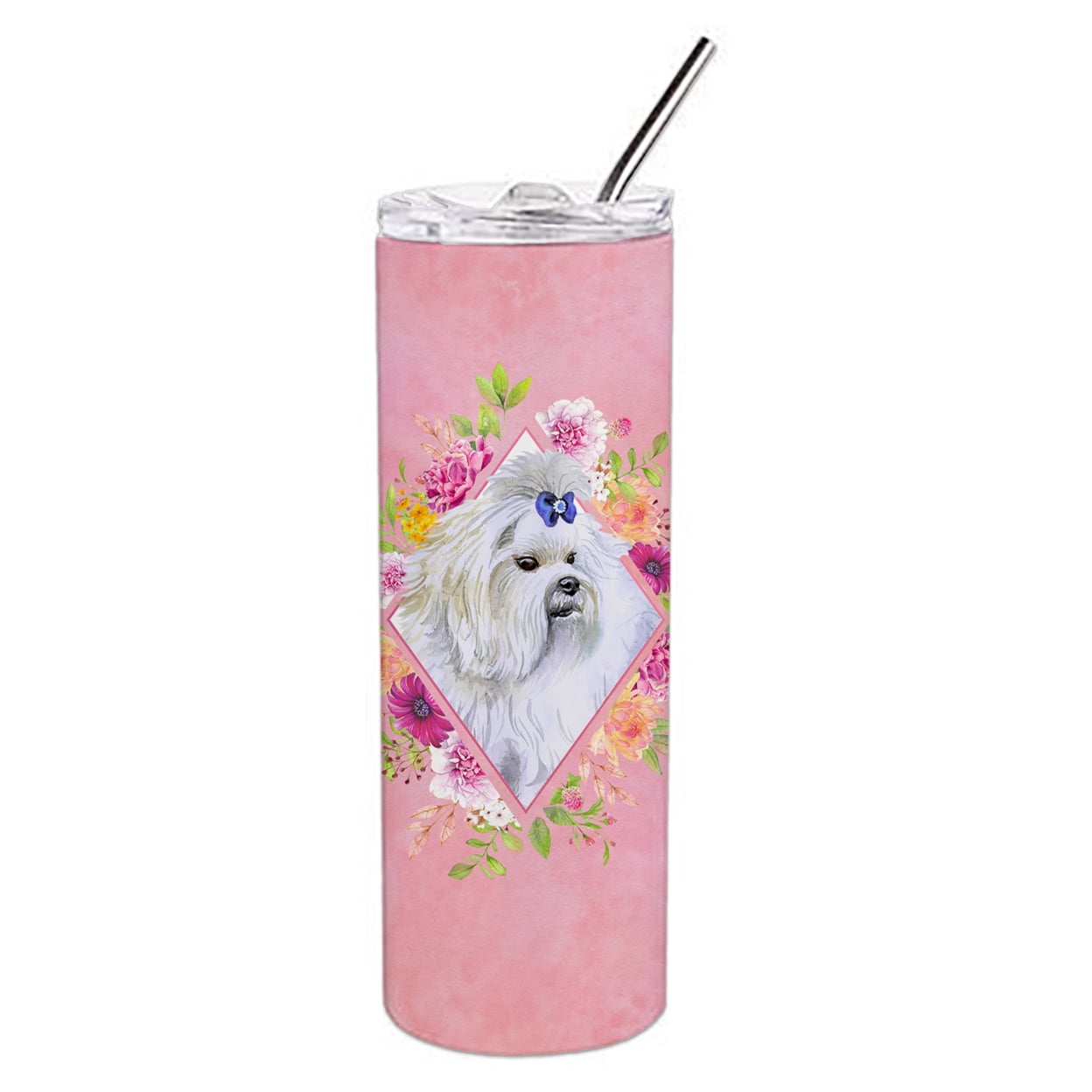 Maltese Pink Flowers Double Walled Stainless Steel 20 oz Skinny Tumbler