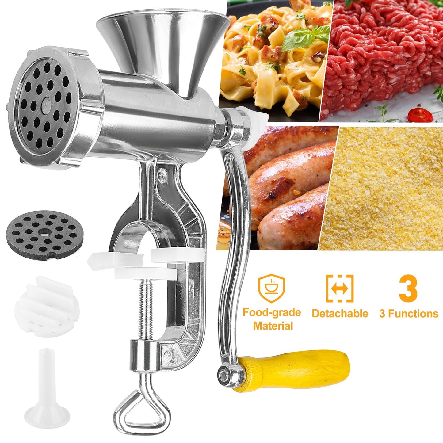 Manual Meat Grinder with Ergonomic Handle, Sausage Stuffer & Noodle Maker for Home Kitchen, Aluminum Alloy Manual Meat Grinder, Tabletop Clamp Design with Sausage Funnel & Noodle Plate