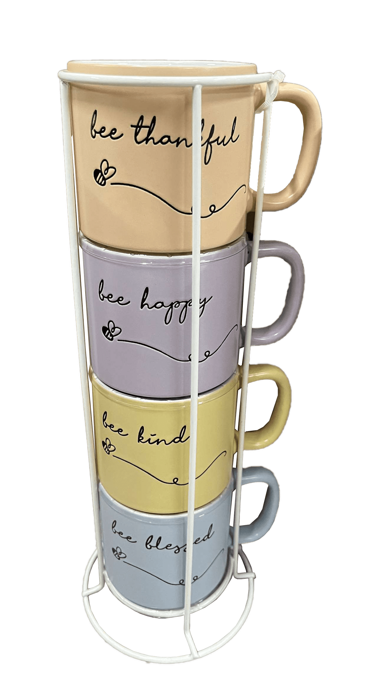 Marcelle, 4 Pc Stackable 14oz Multi-Color Ceramic Coffee Mug Set with a Metal Counter Top Stand, Tower Mug Set