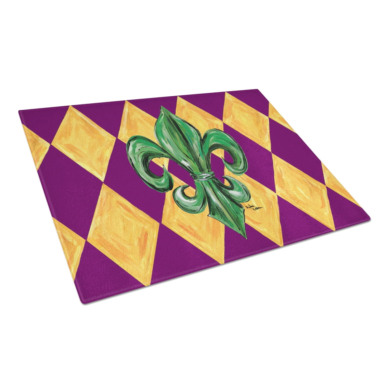Mardi Gras Fleur de lis Purple Green and Gold Glass Cutting Board Large