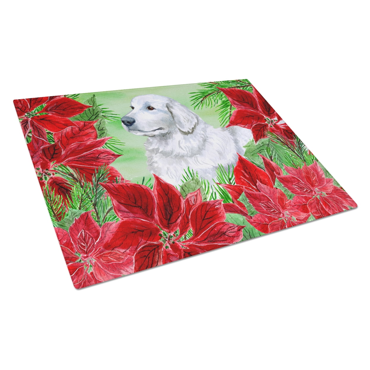 Maremma Sheepdog Poinsettas Glass Cutting Board Large