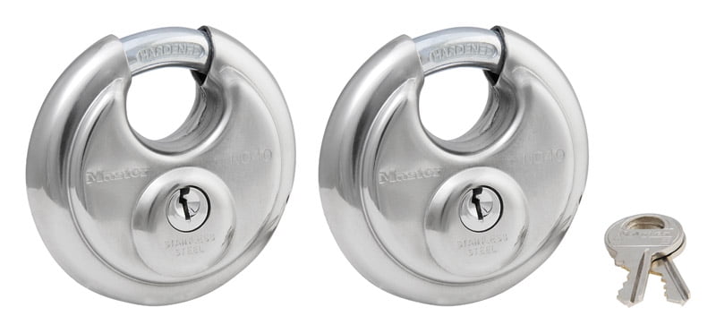 Master Lock 2-3/4in (70mm) Wide Stainless Steel Discus Padlock with Shrouded Shackle; 2-Pack