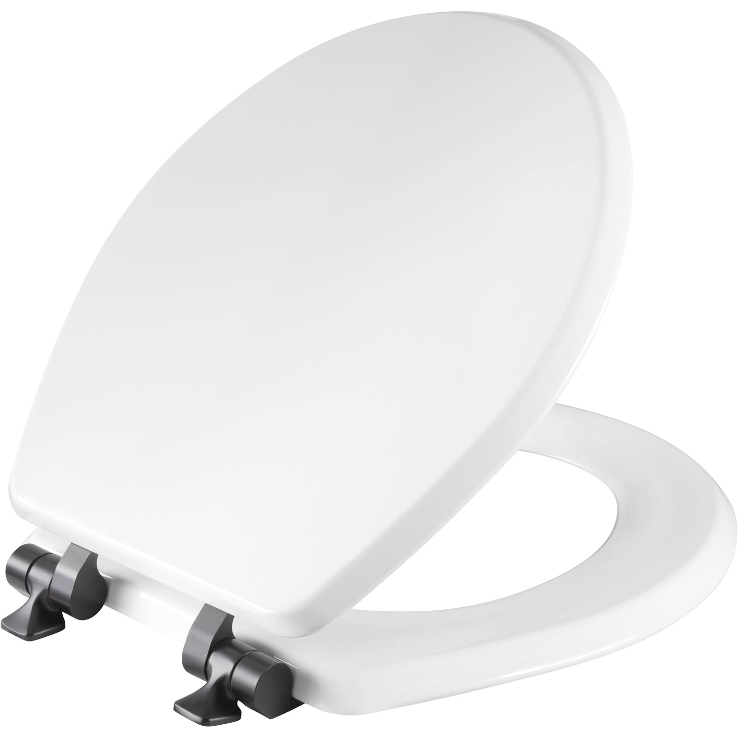 Mayfair BentonÂ®Round Enameled Wood Toilet Seat in White Never Loosens and Soft Close Matte Black Hinge