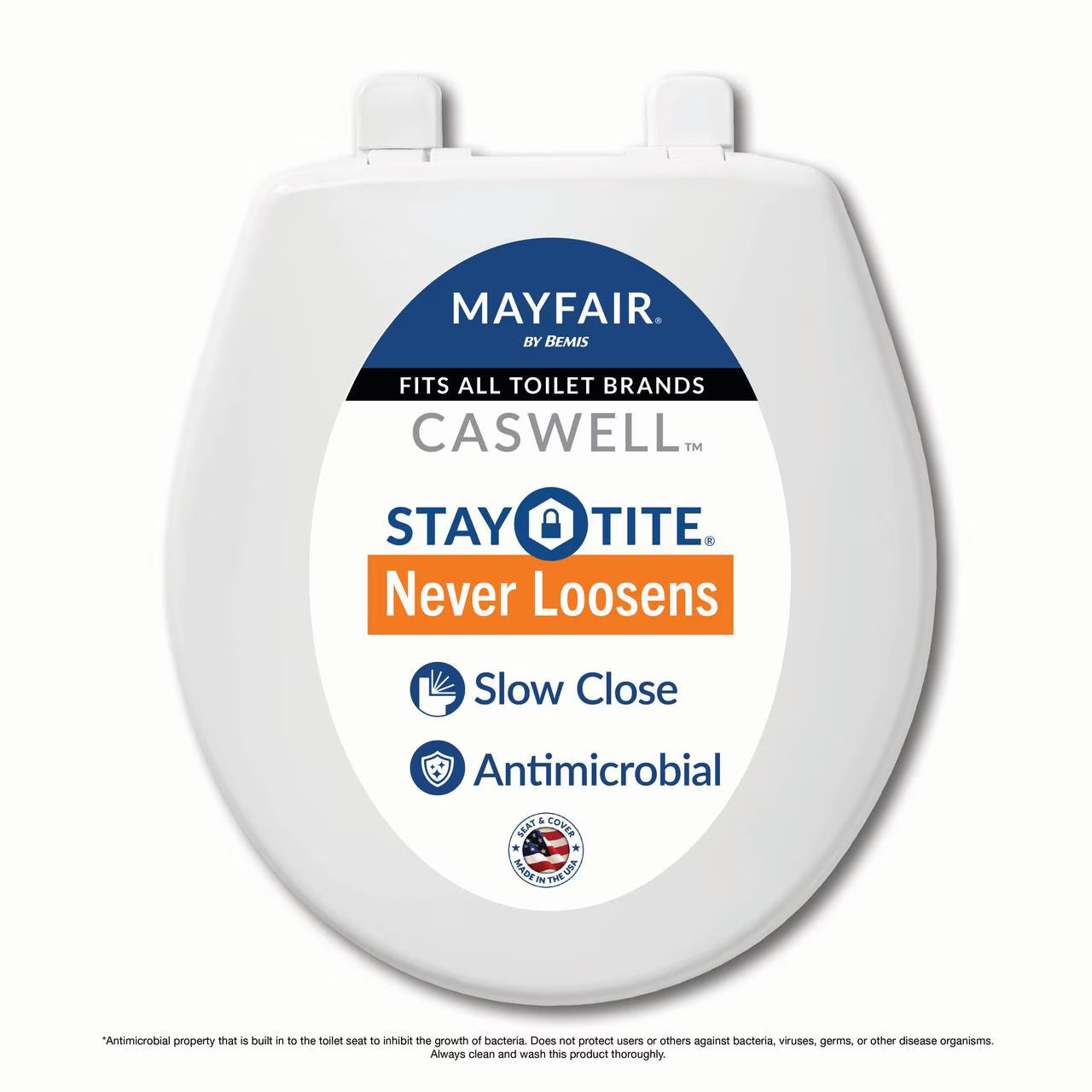 Mayfair Caswellâ„¢ Slow Close Round Plastic Toilet Seat in White Never Loosens
