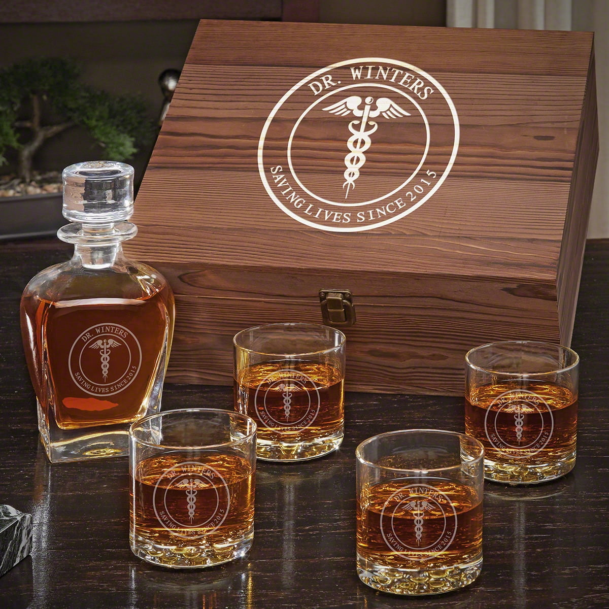 Medical Arts Personalized Draper Whiskey Decanter Set with Buckman Glasses