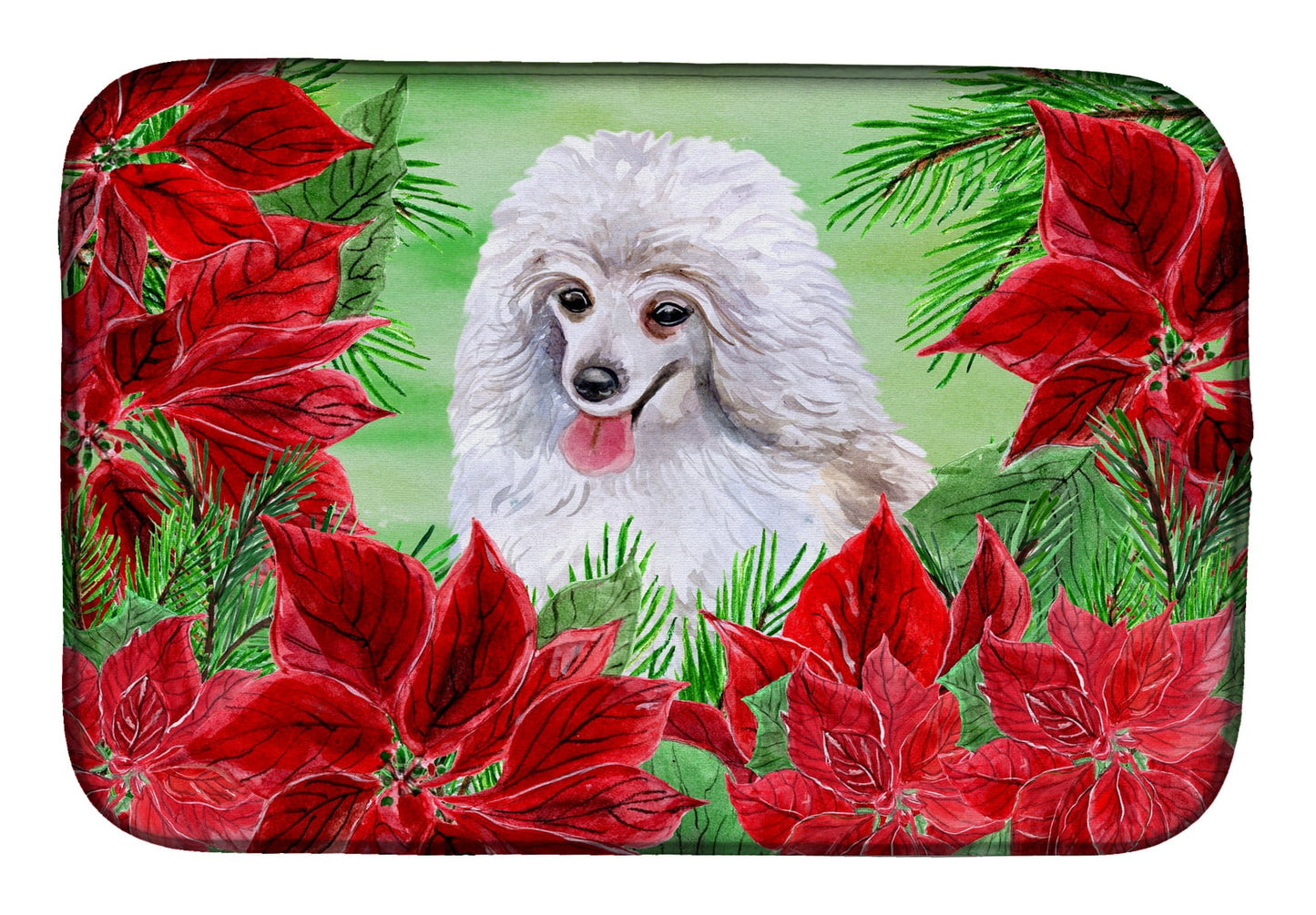Medium White Poodle Poinsettas Dish Drying Mat