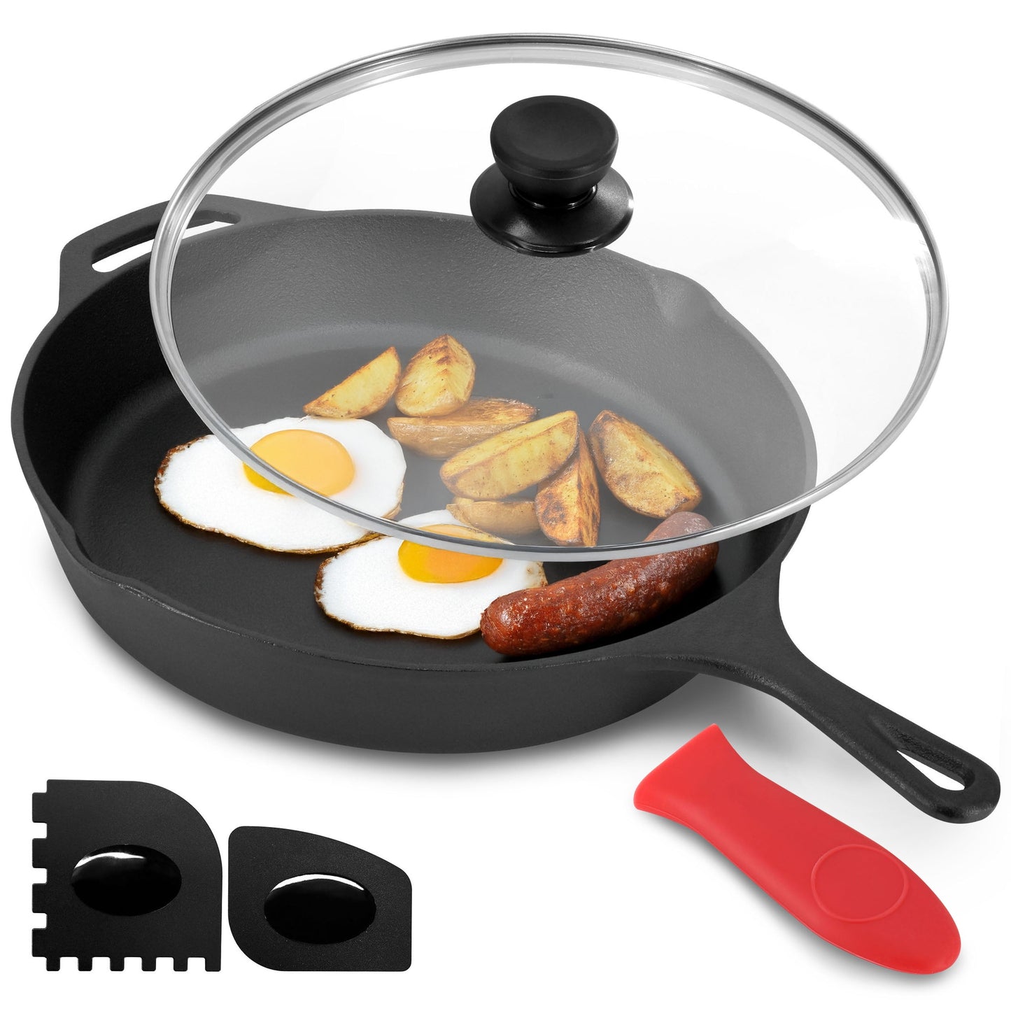 MegaChef 12 in Oven Safe Cast Iron Skillet with Tempered Glass Lid