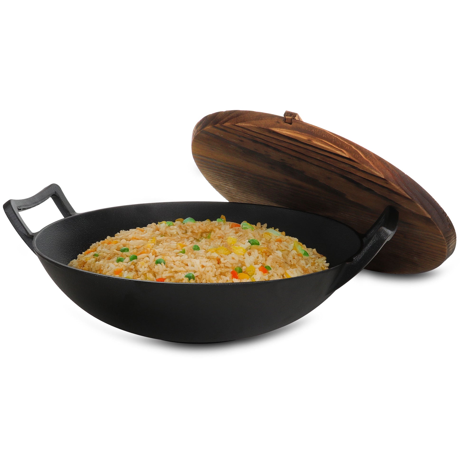 MegaChef Wok de Hierro Fundido Resistente de 14 Pulgadas con Tapa de Madera