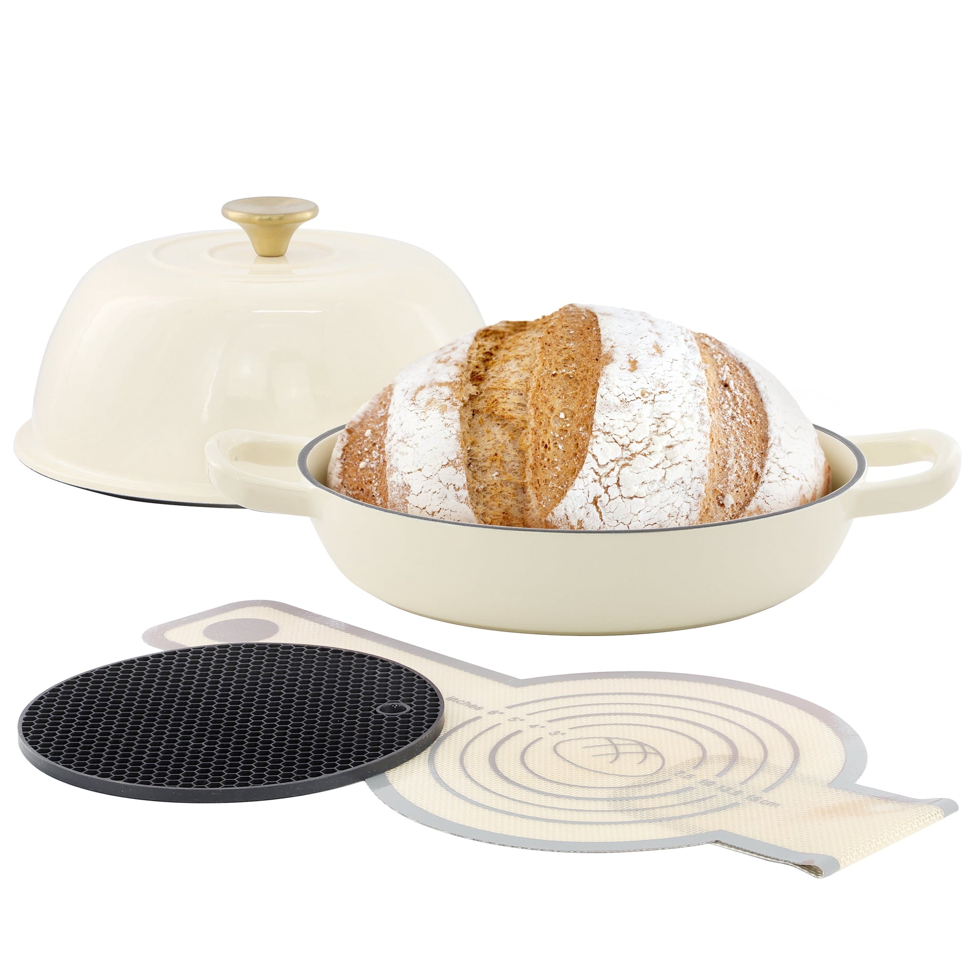 MegaChef 6 Quart Enameled Cast Iron Bread Pot in Cream with Baking Mat