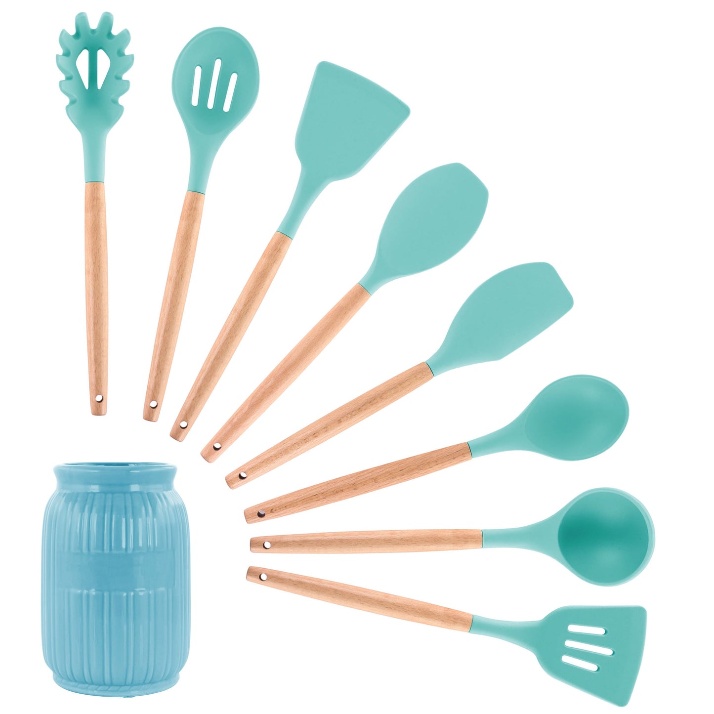 MegaChef Light Teal 9 Piece Silicone and Wood Cooking Utensils