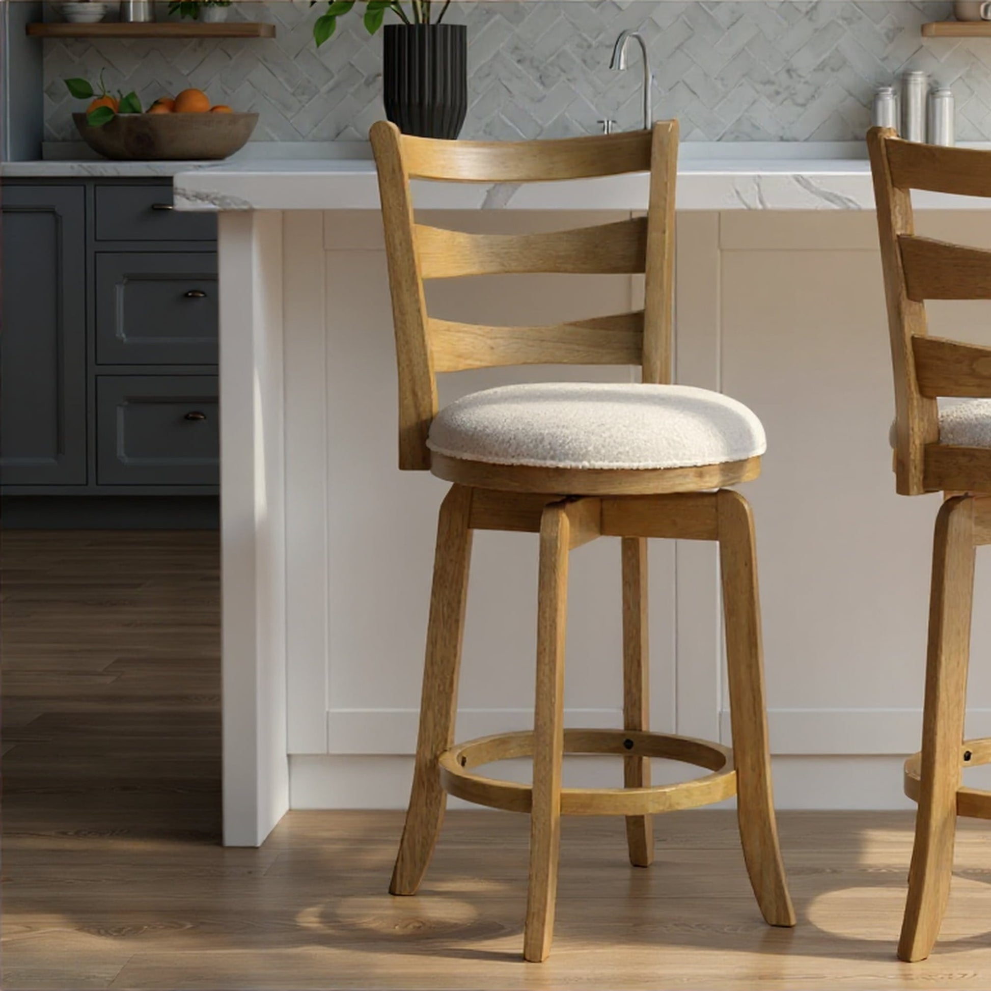 Melindra Modern Farmhouse Swivel Wood Counter Height Kitchen Bar Stool in Amber Glow Finish with White Boucle Fabric Upholstered Seat