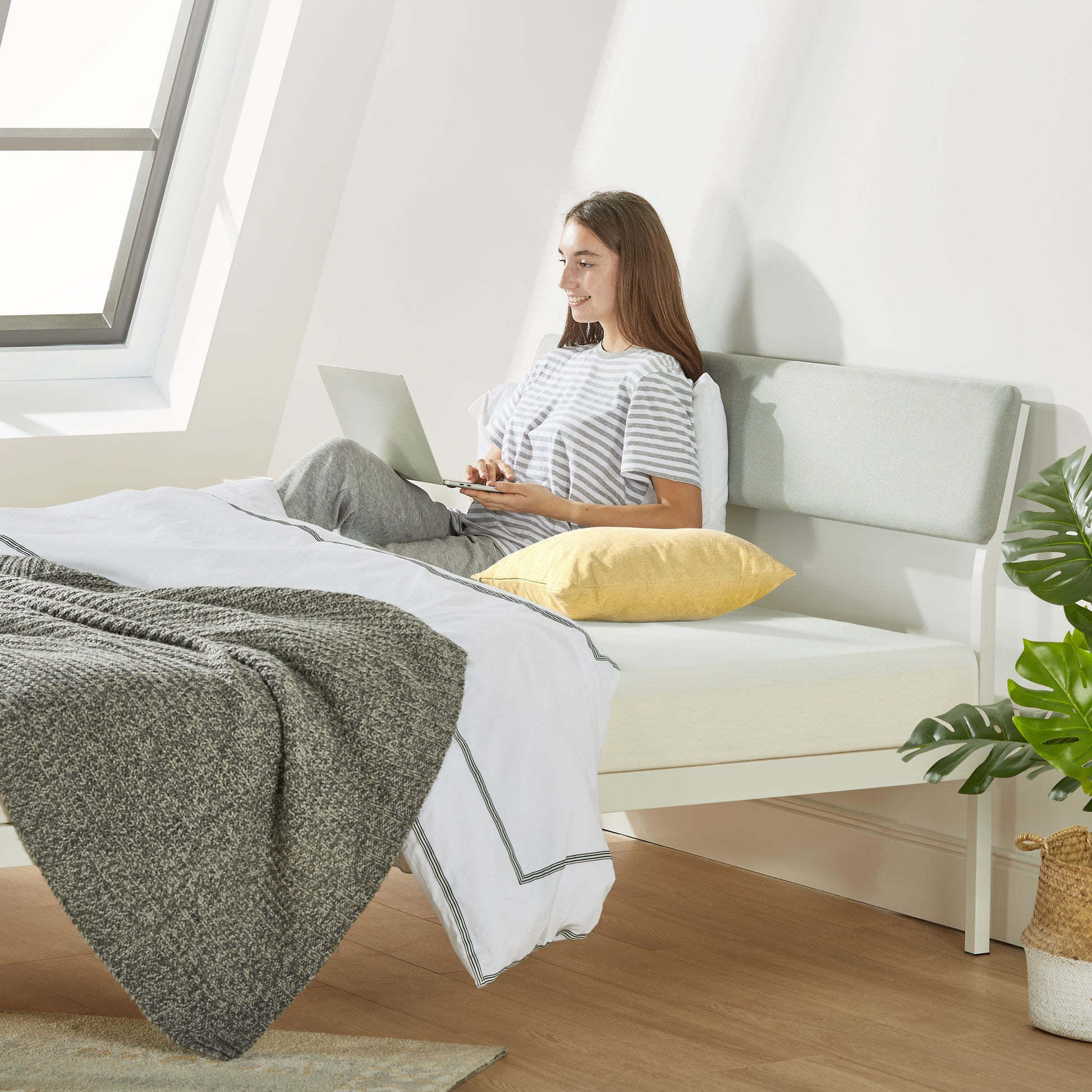 Mellow Kera Metal Platform Bed with Angled Upholstered Headboard, Solid Wooden Slats, Sky Gray, Full