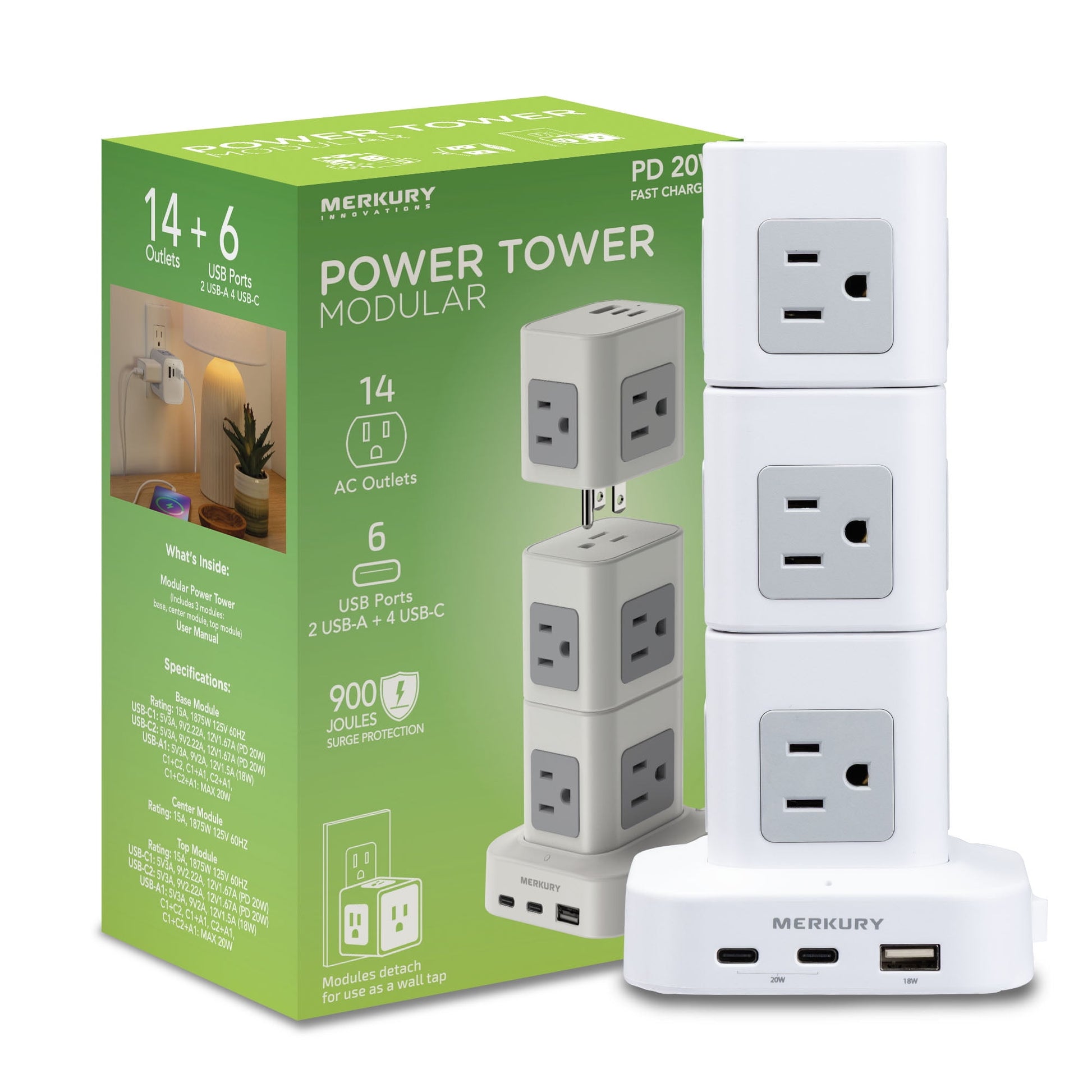 Merkury Innovations Torre de EnergÃ­a Modular, 14 Tomacorrientes AC, 6 USB-A, 4 USB-C PD 20W, Protector contra Sobretensiones, Cable de 4 Ft, Blanco