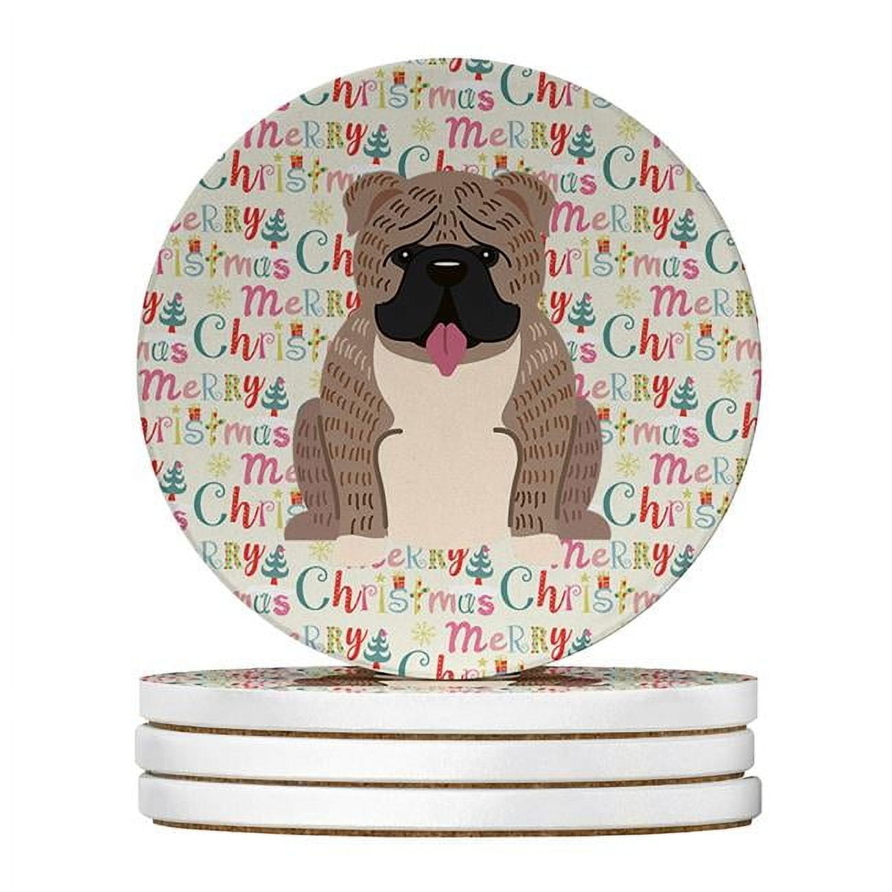 Merry Christmas English Bulldog Grey Brindle  Large Sandstone Coasters Pack of 4 4 in x 4 in