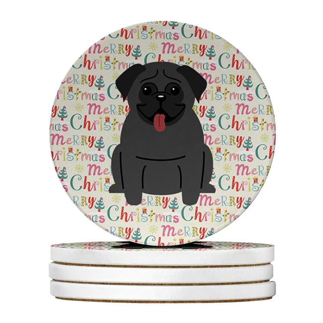 Merry Christmas Pug Black Large Sandstone Coasters Pack of 4 4 in x 4 in