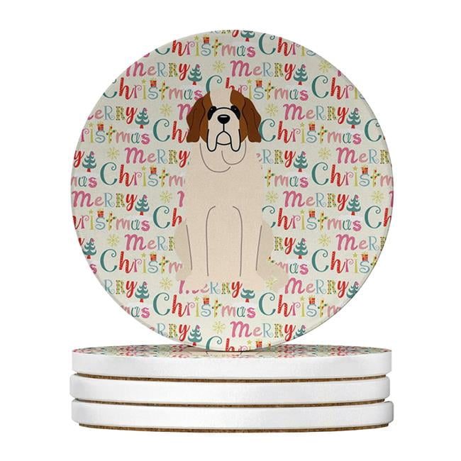 Merry Christmas Saint Bernard Large Sandstone Coasters Pack of 4 4 in x 4 in