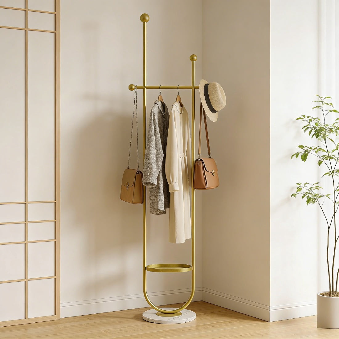 Metal Coat Rack Stand with Storage Shelf, Modern Gold & White Freestanding Coat Hanger with Side Hooks, Heavy Duty Hallway Clothes Rack for Entryway Bedroom Office