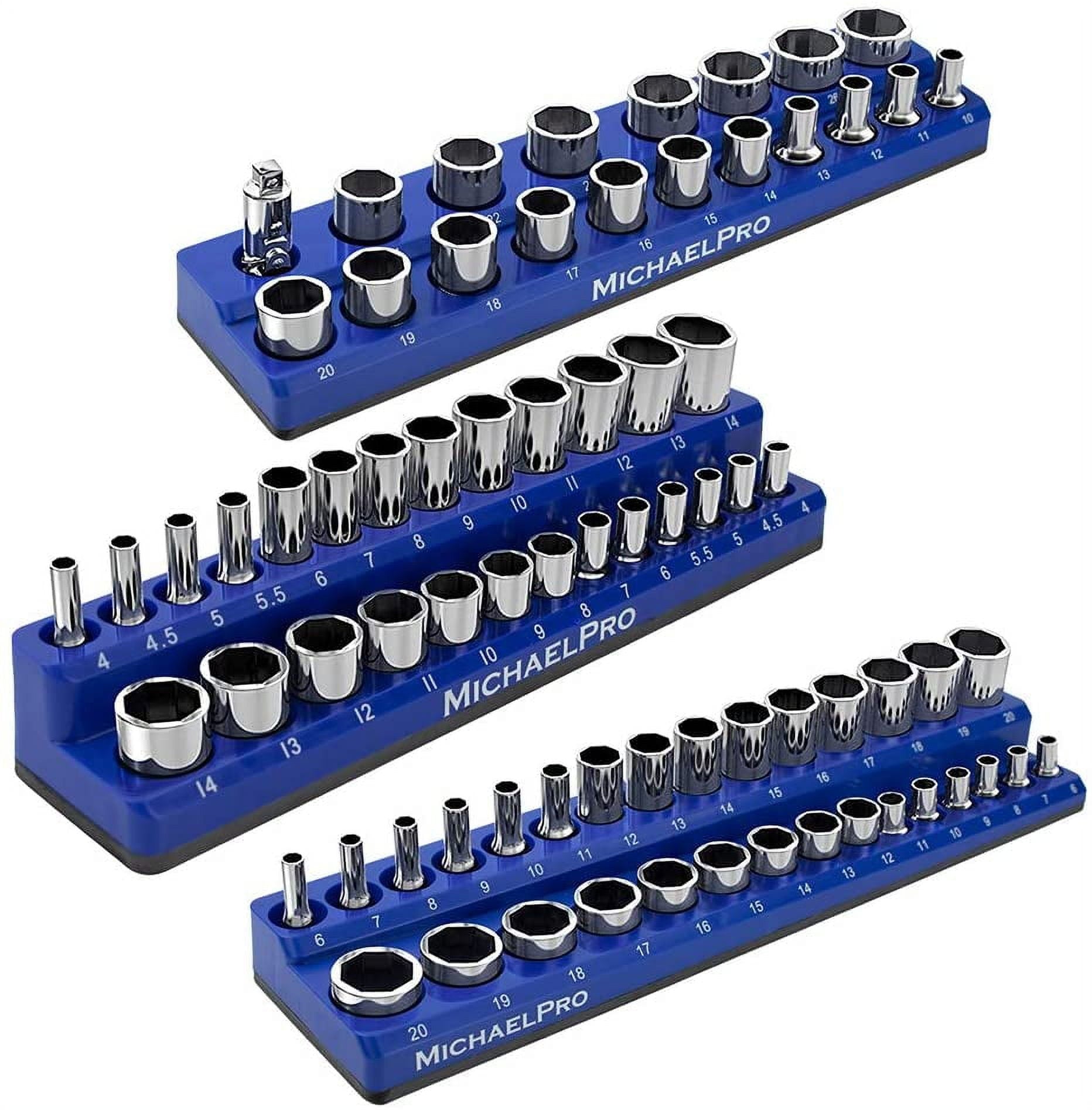 MichaelPro MP014002 3-PC Magnetic Socket Organizer - 1/4, 3/8, & 1/2-Inch Drive Magnetic Socket Holder Kit, Professional Grade Socket Organizers for Toolboxes/Cabinets - Metric