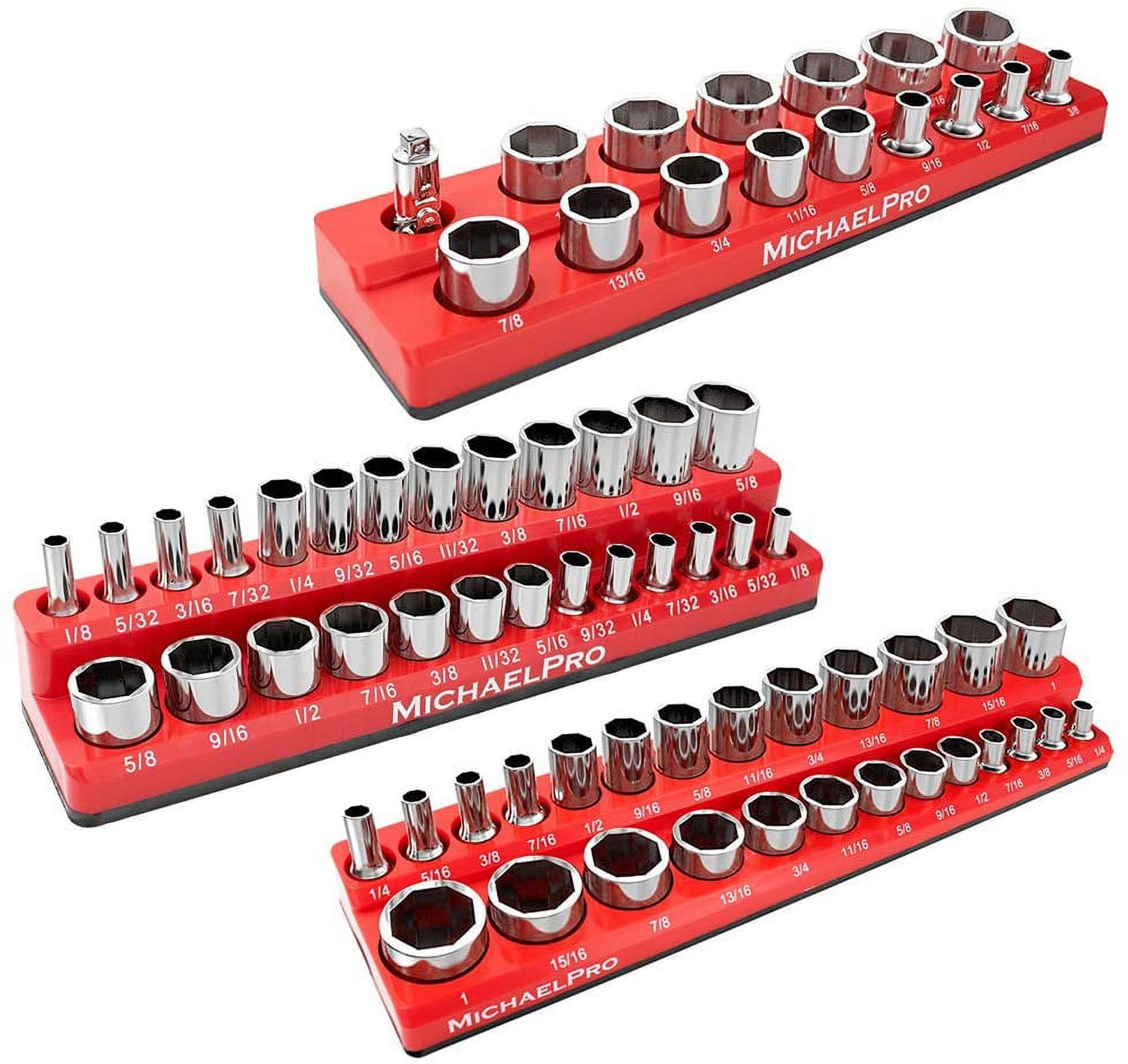 MichaelPro MP014003 3-Pc Magnetic Socket Organizer - 1/4, 3/8 & 1/2-Inch Drive Magnetic Socket Holder Kit in SAE, Professional Grade Socket Organizers for Toolboxes/Cabinets (SAE)