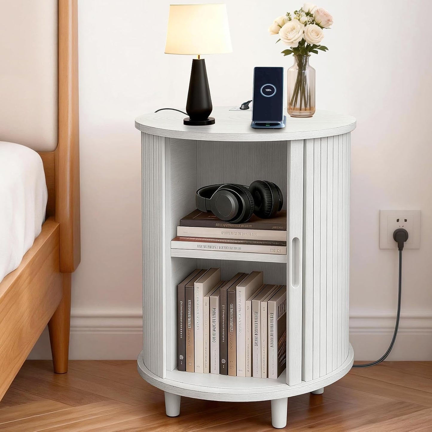 Mid-Century Fluted Round End Table with Storage & Charging Station, Sliding Door and Adjustable Shelf, White Nightstand for Small Spaces, Living Room, Bedroom