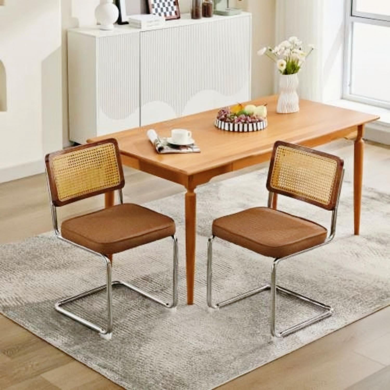 Mid Century Modern Dining Chairs Set of 2, Linen Cantilever Chairs with Woven Rattan Back & Chrome Base, Flexible 360 lbs Capacity, Black