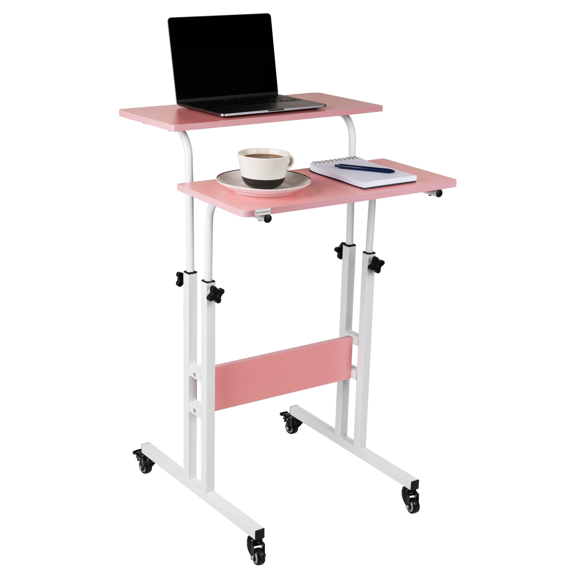 Mind Reader Standing Desk with Side Storage and Locking Wheels, Pink Finish
