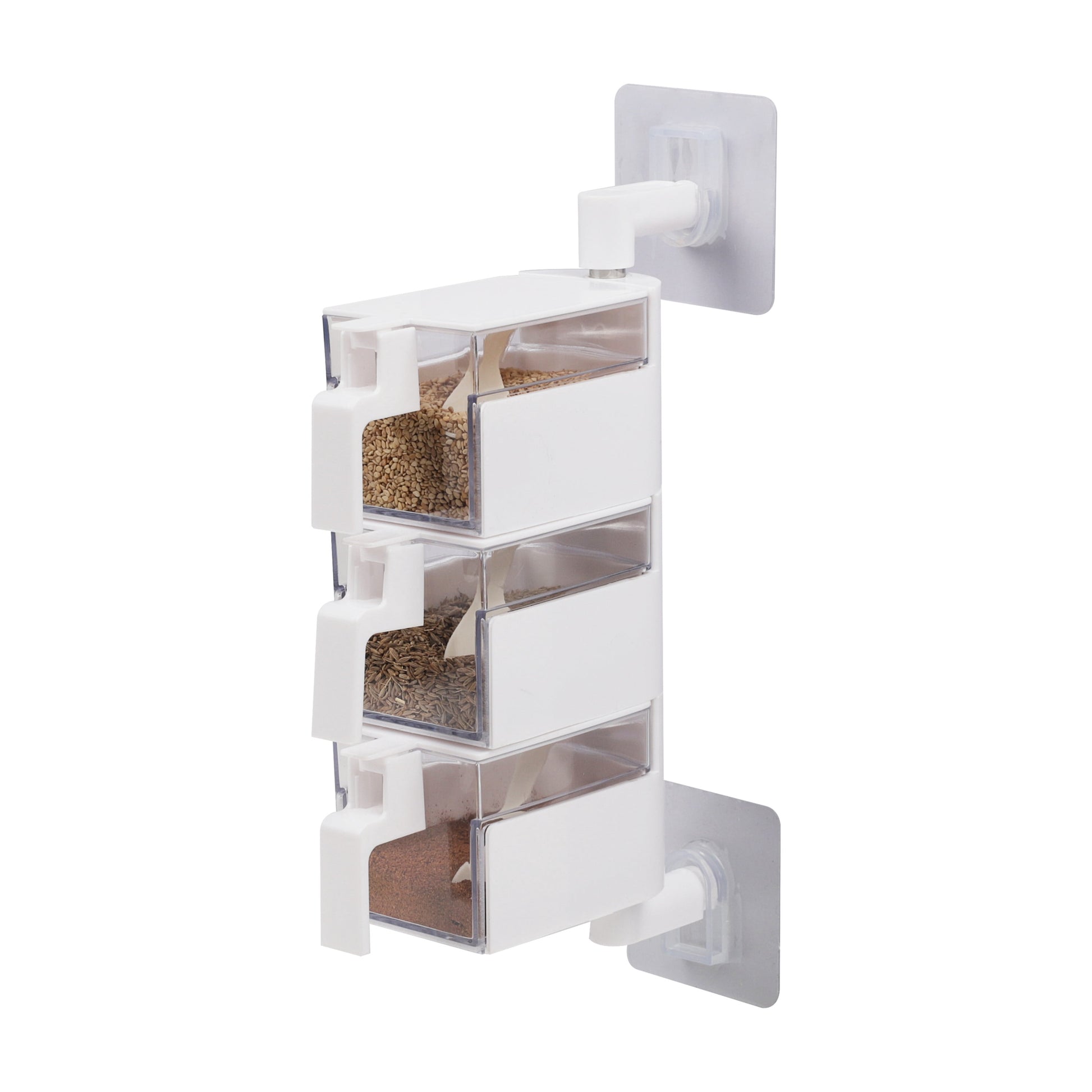 Mind Reader Wall Mounted Three Compartment Rotating Spice Rack Jars with Individual Spoons, White