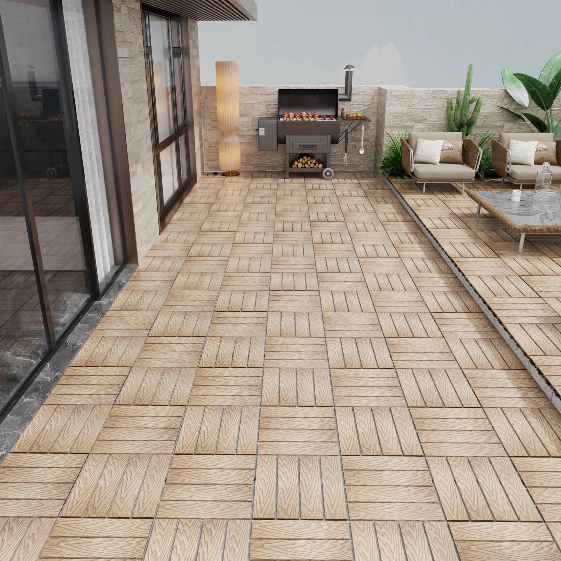 Miniyam 11 Pcs Interlocking Deck Tiles, 12" x 12", Wood-Plastic, for Outdoor Balcony Garden, Teak