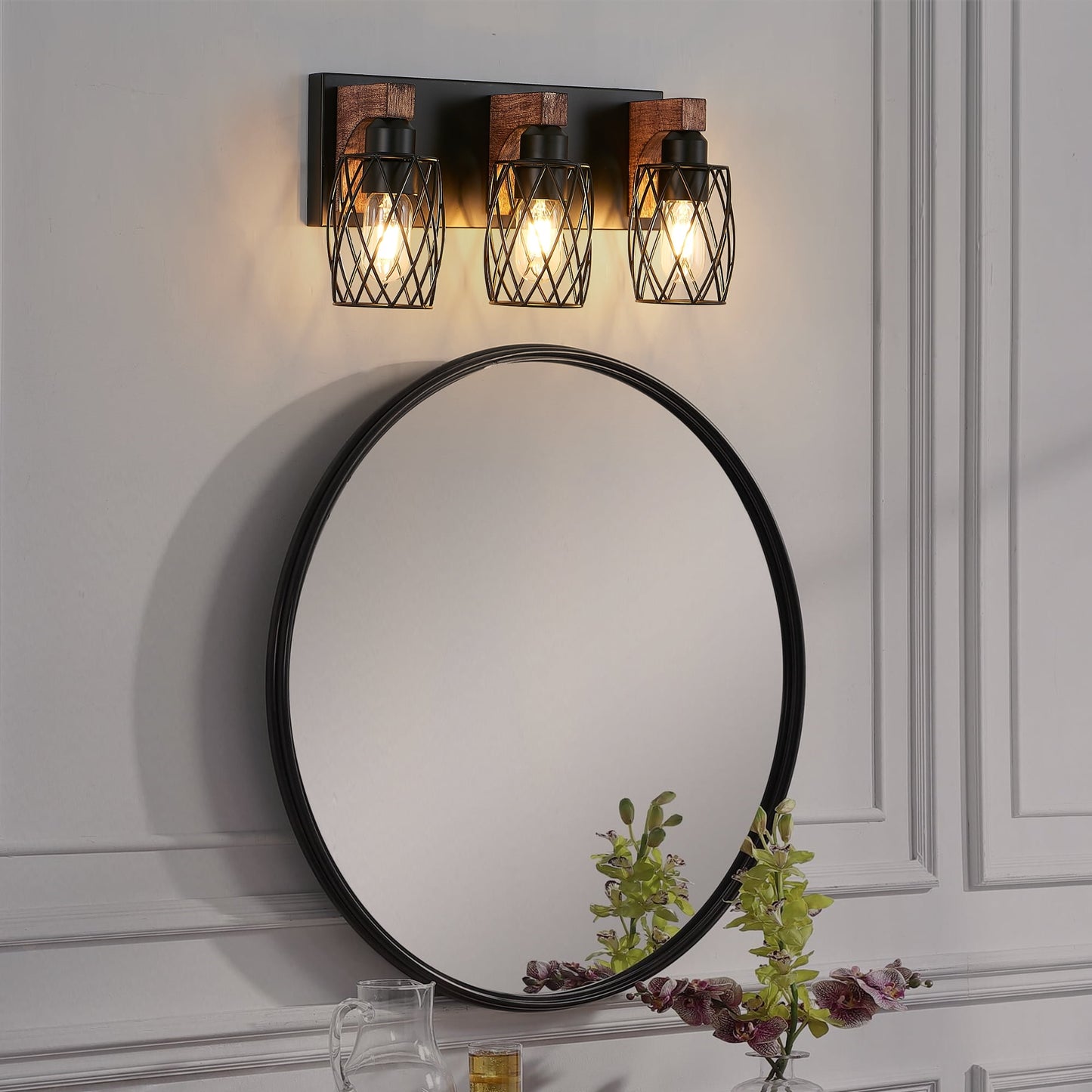 Miniyam 17.5 in. W 3 Lights Vanity Light Industrial Walnut Black Wall Sconce Black Cage Lighting Fixture for Bathroom Over Mirror, E26, No Bulbs Included