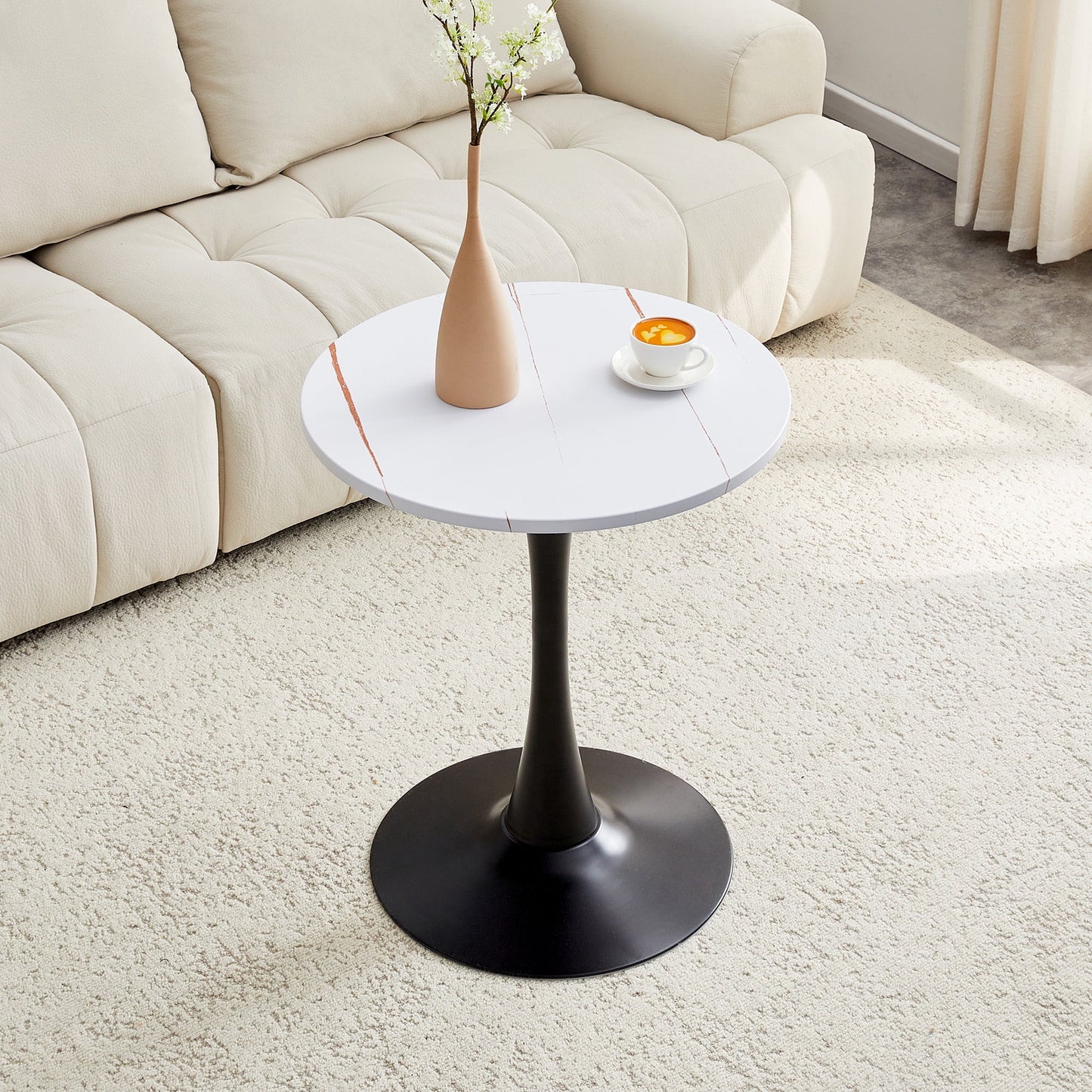 Miniyam 23.6â€ Round Dining Table, Small Pedestal Tulip Style Table for 2â€“4 People, Wooden Top with Metal Base, Warm White