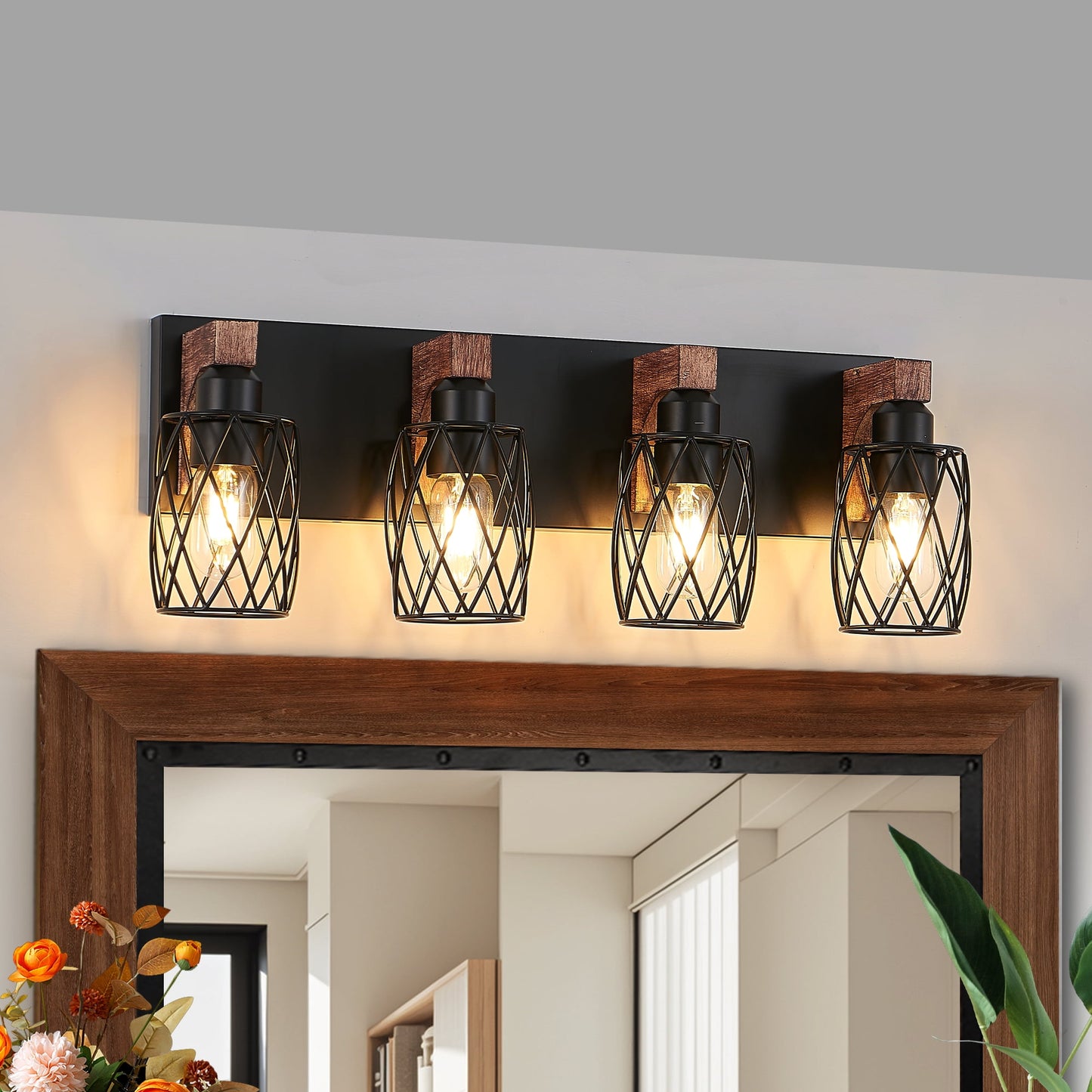 Miniyam 24 in. W 4 Lights Vanity Light Industrial Walnut Black Wall Sconce Black Cage Lighting Fixture for Bathroom Over Mirror, E26, No Bulbs Included
