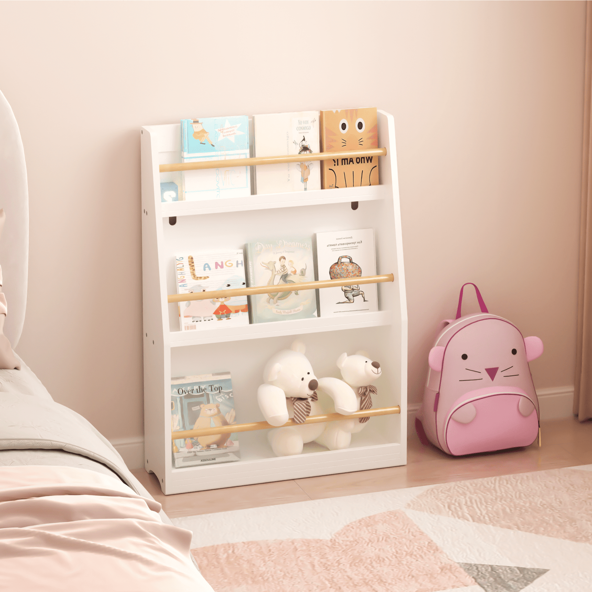 Miniyam 3-Tier Wooden Bookshelf with Toy Storage for Kid, White