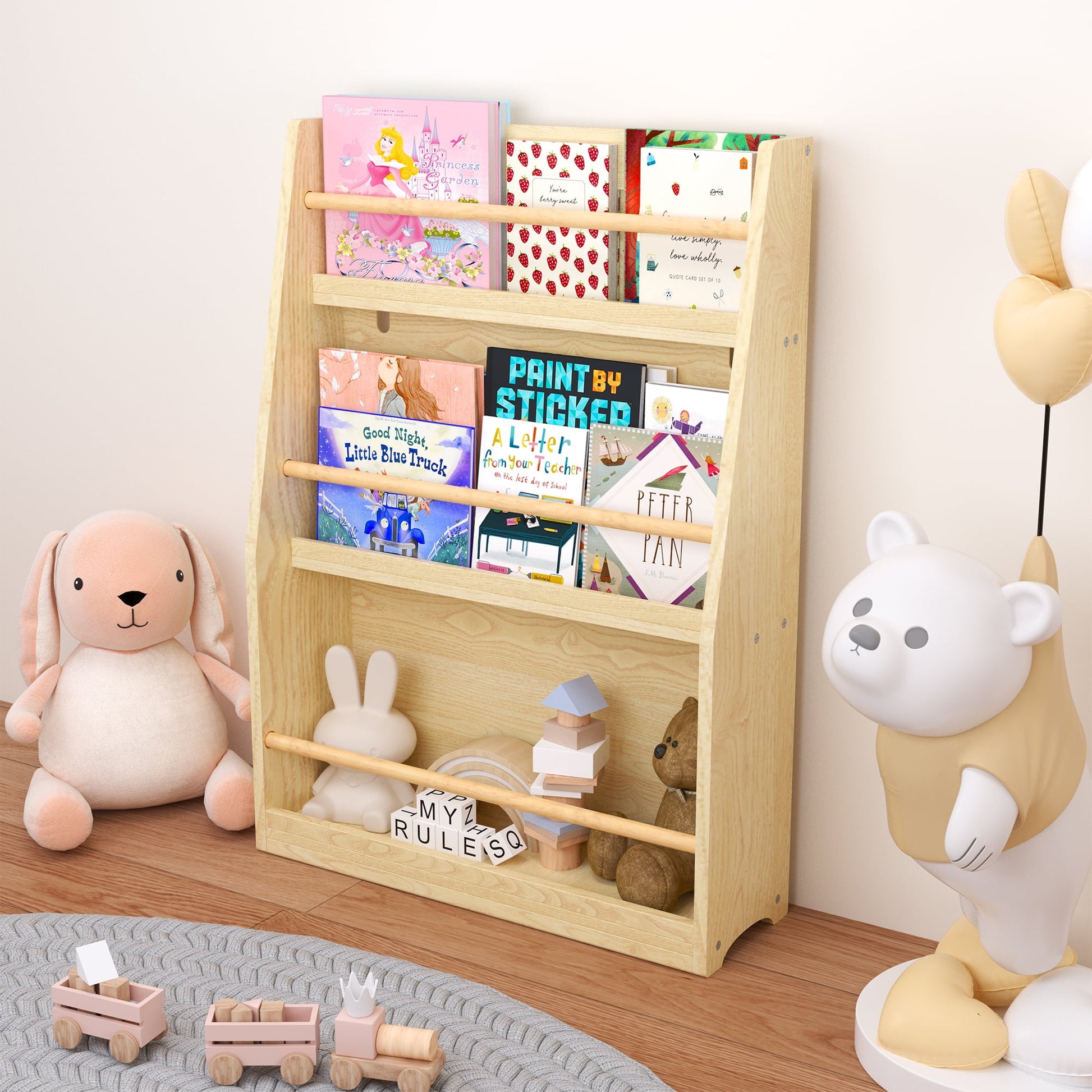 Miniyam 3-Tier Wooden Bookshelf with Toy Storage for Kid, Yellow